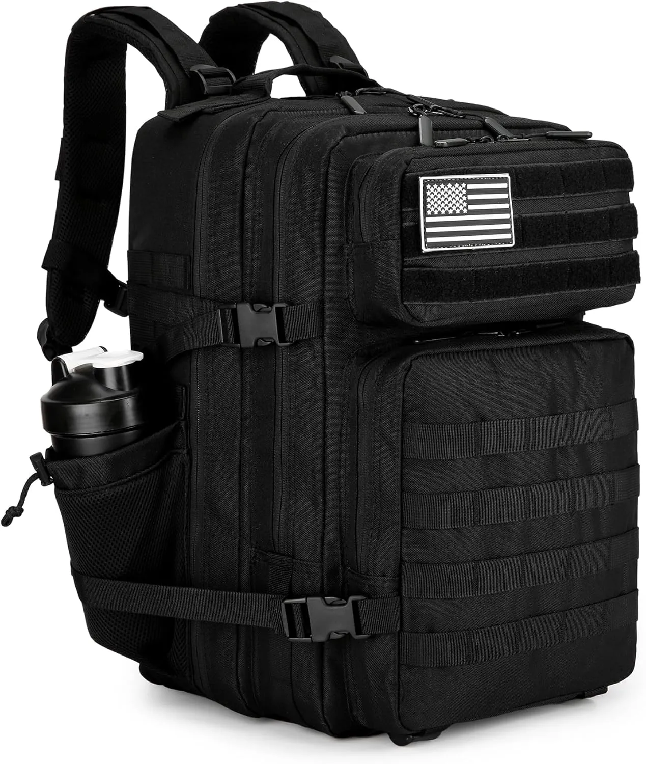 45L Tactical Backpack For Men Assault Large Army Pack 3 Day Molle Bug Out Bag With Water Cup Bag Outdoor Camping Hiking Daypack Military Rucksack -Black