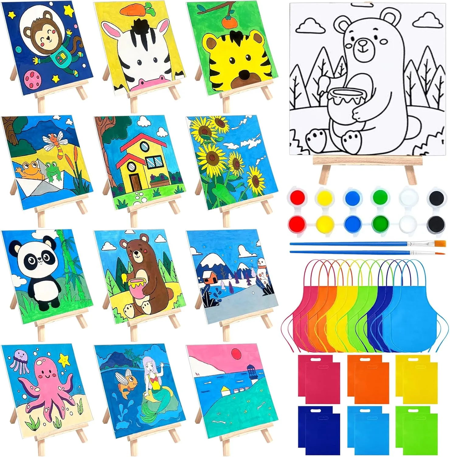 48PCS 12 Sets Printed Canvas Paint Art 12 Pcs Wooden Easel Set Paint Pots and Brushes and 12 Pre Drawn Canvas Panel 12 Pcs Mini Apron and Tote Bag for Kids(Cute)