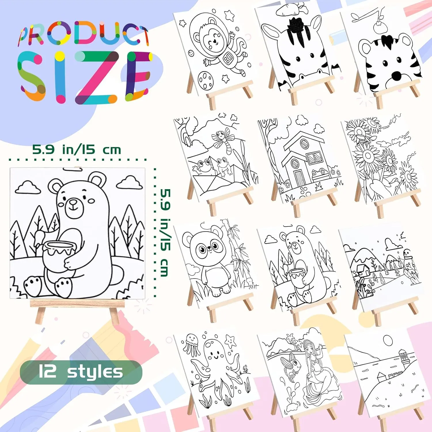 48PCS 12 Sets Printed Canvas Paint Art 12 Pcs Wooden Easel Set Paint Pots and Brushes and 12 Pre Drawn Canvas Panel 12 Pcs Mini Apron and Tote Bag for Kids(Cute)