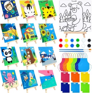 48PCS 12 Sets Printed Canvas Paint Art 12 Pcs Wooden Easel Set Paint Pots and Brushes and 12 Pre Drawn Canvas Panel 12 Pcs Mini Apron and Tote Bag for Kids(Cute)