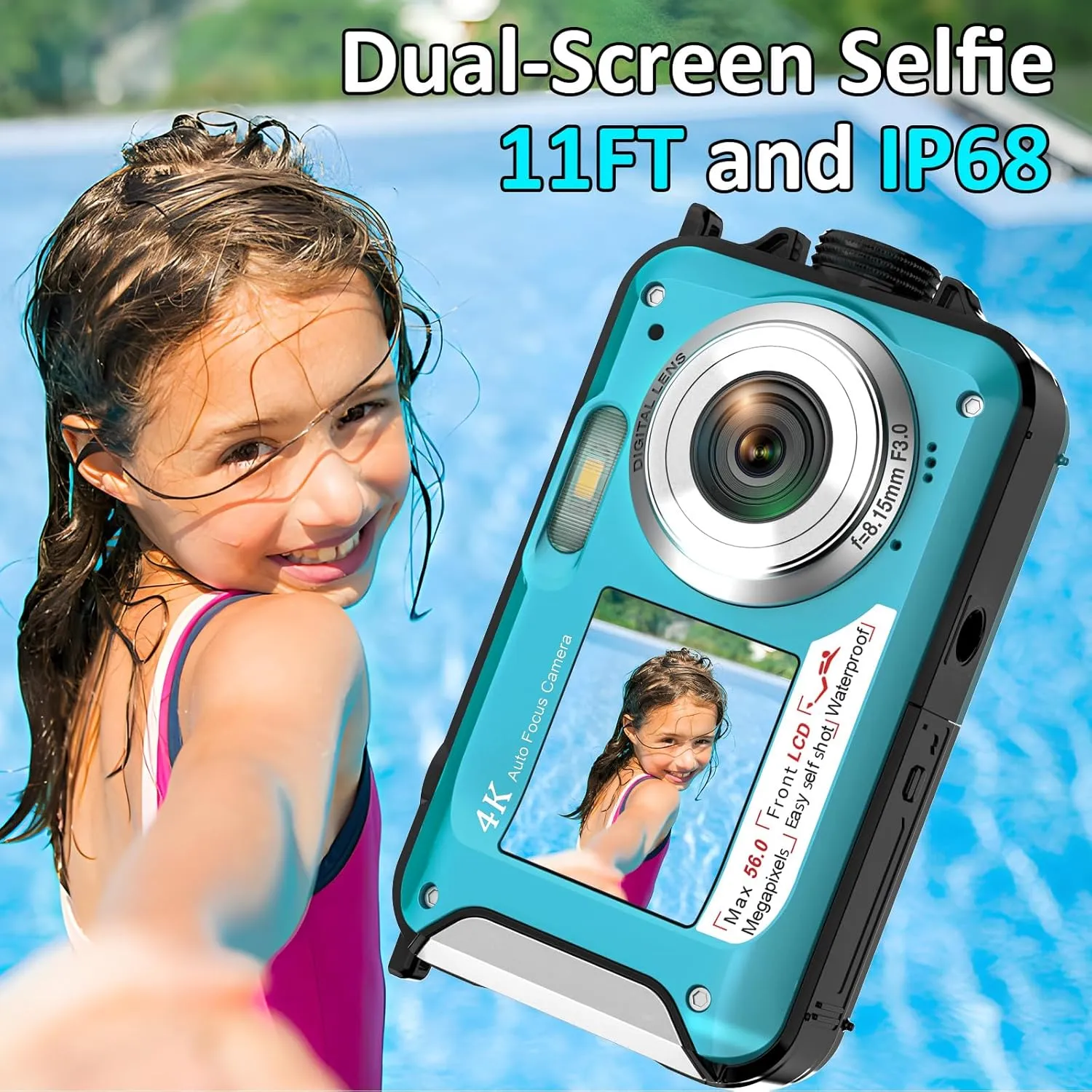 4K Underwater Camera 11FT Waterproof Camera with 32GB Card 56MP Autofocus Dual-Screen Selfie Underwater Camera for Snorkeling Waterproof Compact Floatable Digital Camera 1250mAh Battery Type-C (Blue)