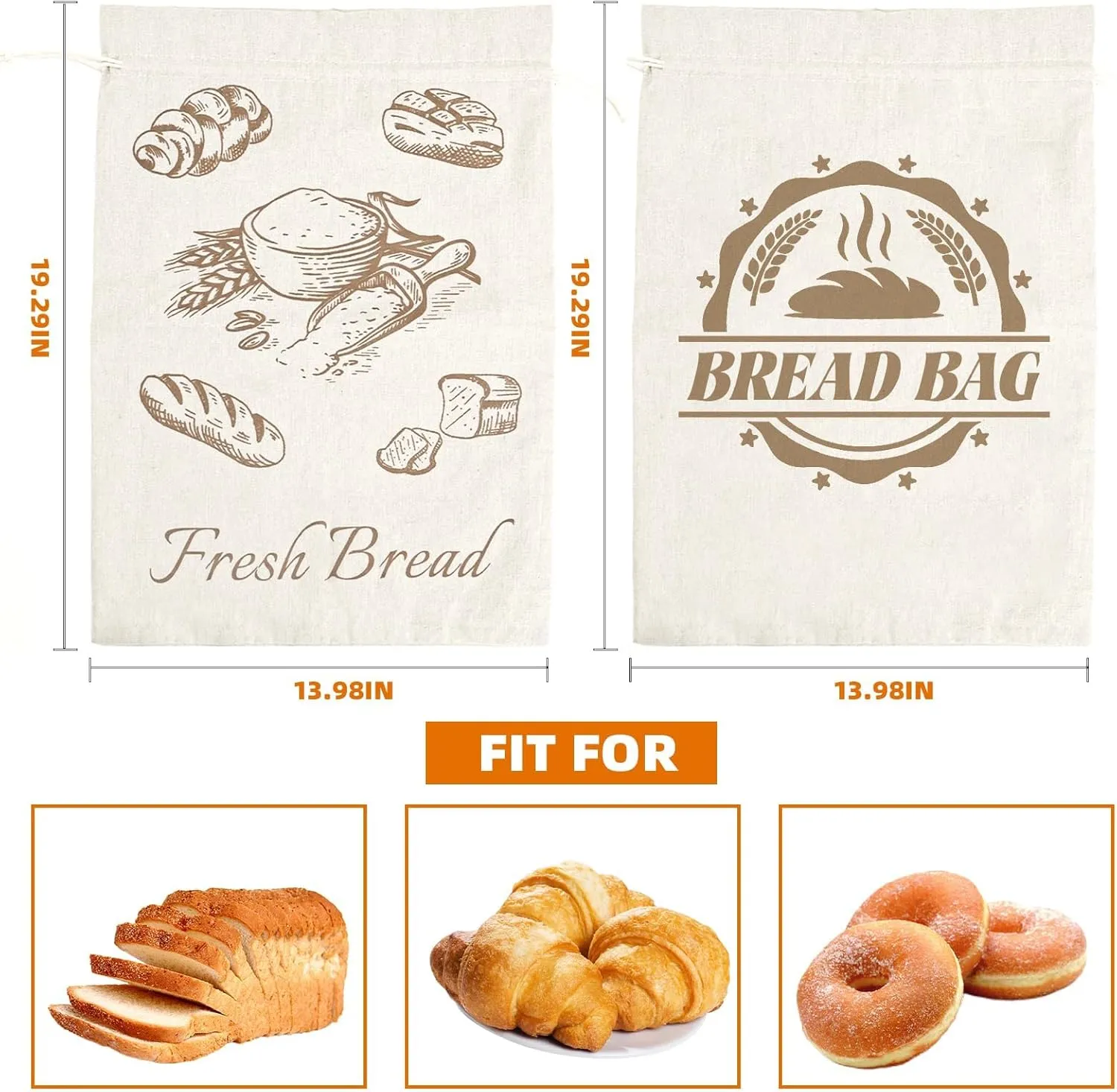 4Pack XL Bread Bags for Homemade Bread, 19.29" x 13.98" Reusable Linen Bread Bag with Plastic Liner for Sourdough & Bread Storage