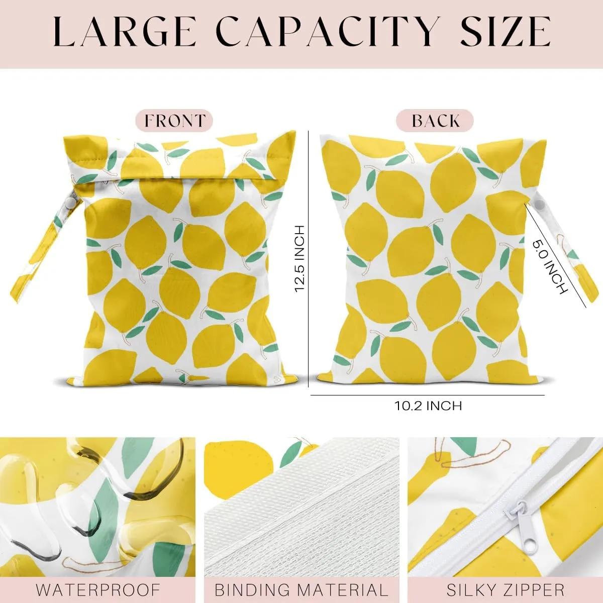 4Pcs Waterproof Wet Bag for Swimsuit, Travel Beach Wet Dry Bag, Hidden Zipper Reusable Lemon Pineapple Banana Orange Decor, for Travel Beach Wet Swimsuits Toiletries Diapers Laundry Bag