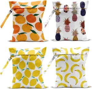 4Pcs Waterproof Wet Bag for Swimsuit, Travel Beach Wet Dry Bag, Hidden Zipper Reusable Lemon Pineapple Banana Orange Decor, for Travel Beach Wet Swimsuits Toiletries Diapers Laundry Bag