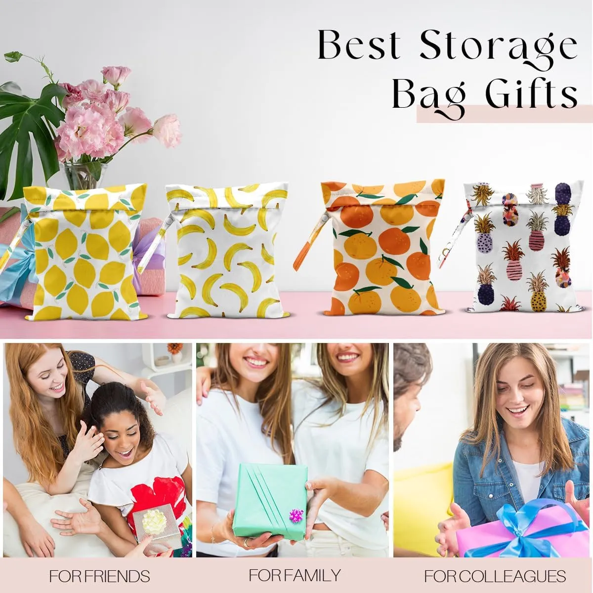 4Pcs Waterproof Wet Bag for Swimsuit, Travel Beach Wet Dry Bag, Hidden Zipper Reusable Lemon Pineapple Banana Orange Decor, for Travel Beach Wet Swimsuits Toiletries Diapers Laundry Bag