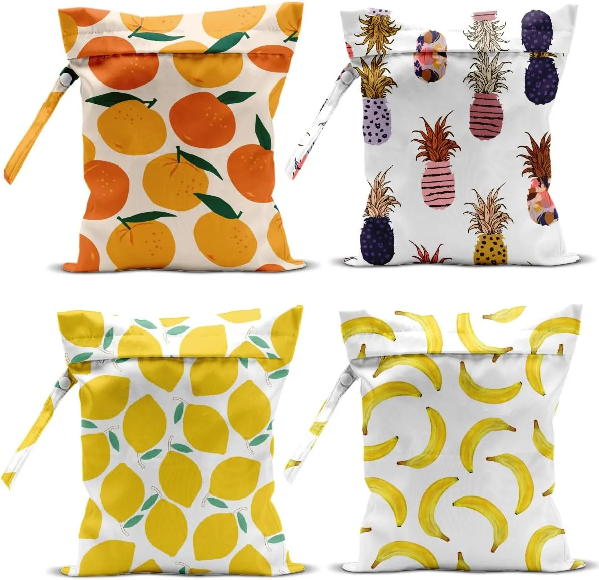 4Pcs Waterproof Wet Bag for Swimsuit, Travel Beach Wet Dry Bag, Hidden Zipper Reusable Lemon Pineapple Banana Orange Decor, for Travel Beach Wet Swimsuits Toiletries Diapers Laundry Bag