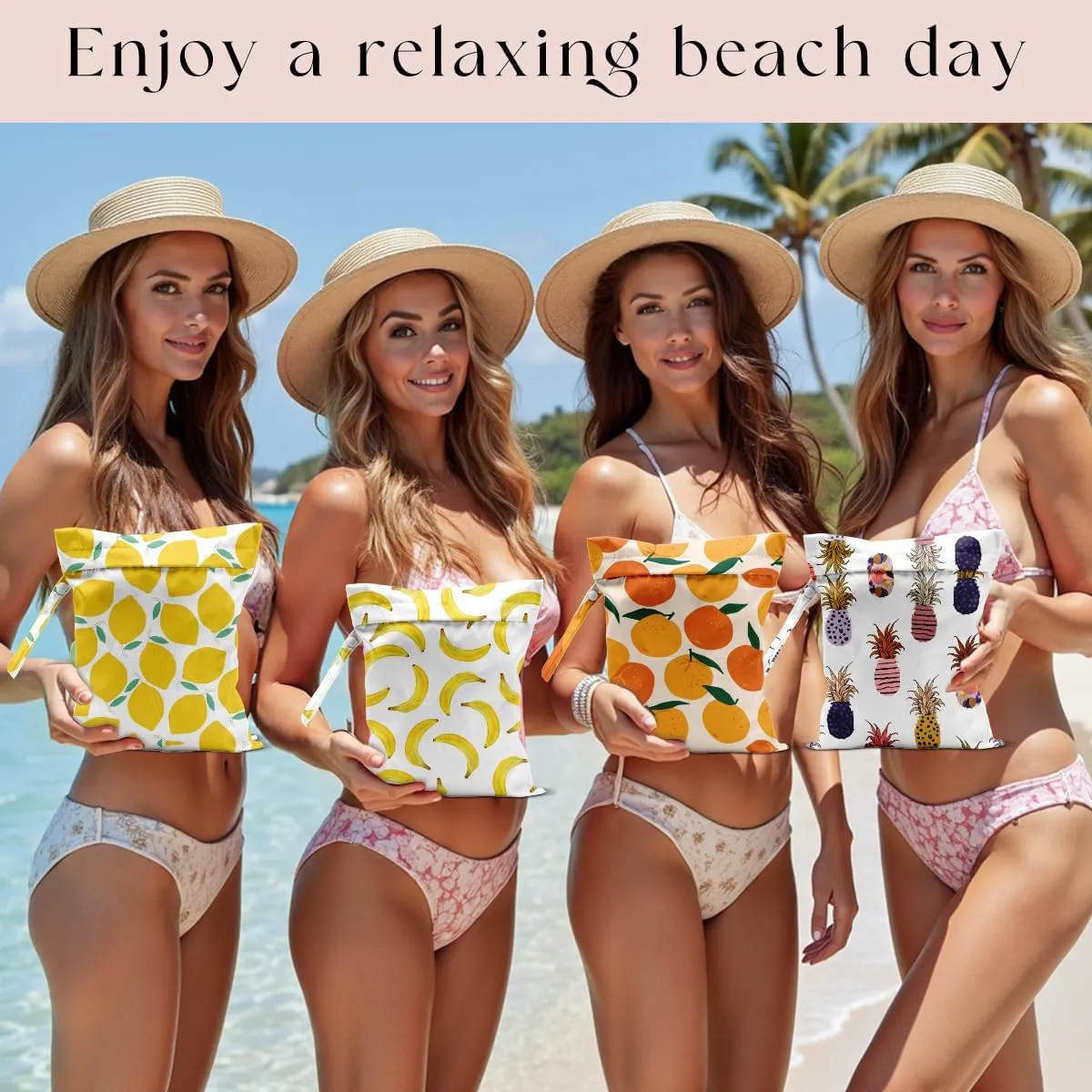 4Pcs Waterproof Wet Bag for Swimsuit, Travel Beach Wet Dry Bag, Hidden Zipper Reusable Lemon Pineapple Banana Orange Decor, for Travel Beach Wet Swimsuits Toiletries Diapers Laundry Bag