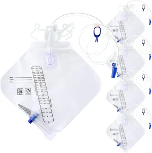 5 Pcs 2000ml Catheter Bags, Urinary Drainage Bag with Anti Reflux Chamber, Hook, Hanging Rope, Sheet Clip, Leakproof Splash Drain Spout Urine Bags