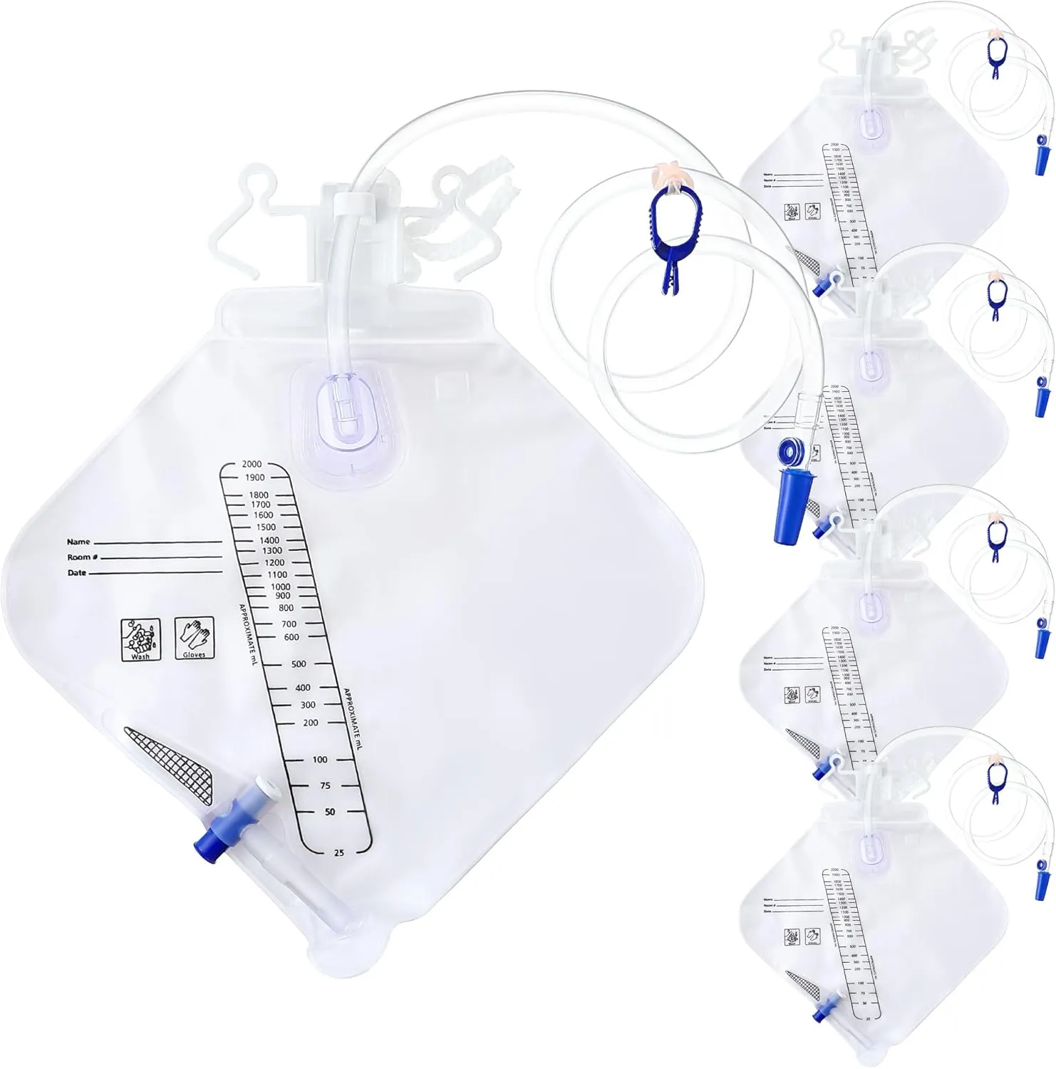 5 Pcs 2000ml Catheter Bags, Urinary Drainage Bag with Anti Reflux Chamber, Hook, Hanging Rope, Sheet Clip, Leakproof Splash Drain Spout Urine Bags