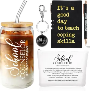 5 Pcs School Counselor Appreciation Gifts 16oz Glass Cup Makeup Bag Leather Notebook Pen Keychain End of School Gift for Mental Health Teacher Educator Psychologist Therapist(Black)