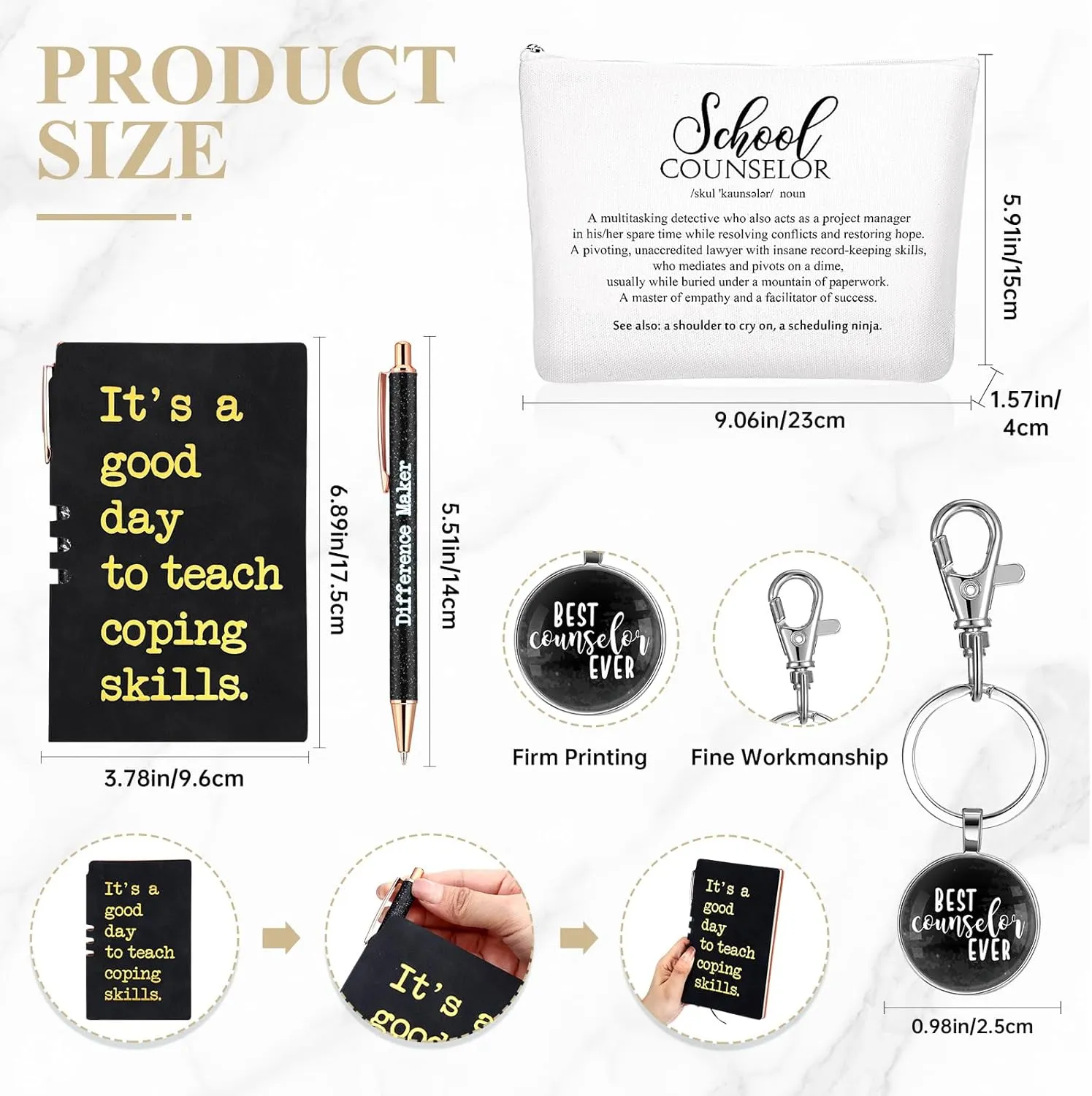 5 Pcs School Counselor Appreciation Gifts 16oz Glass Cup Makeup Bag Leather Notebook Pen Keychain End of School Gift for Mental Health Teacher Educator Psychologist Therapist(Black)