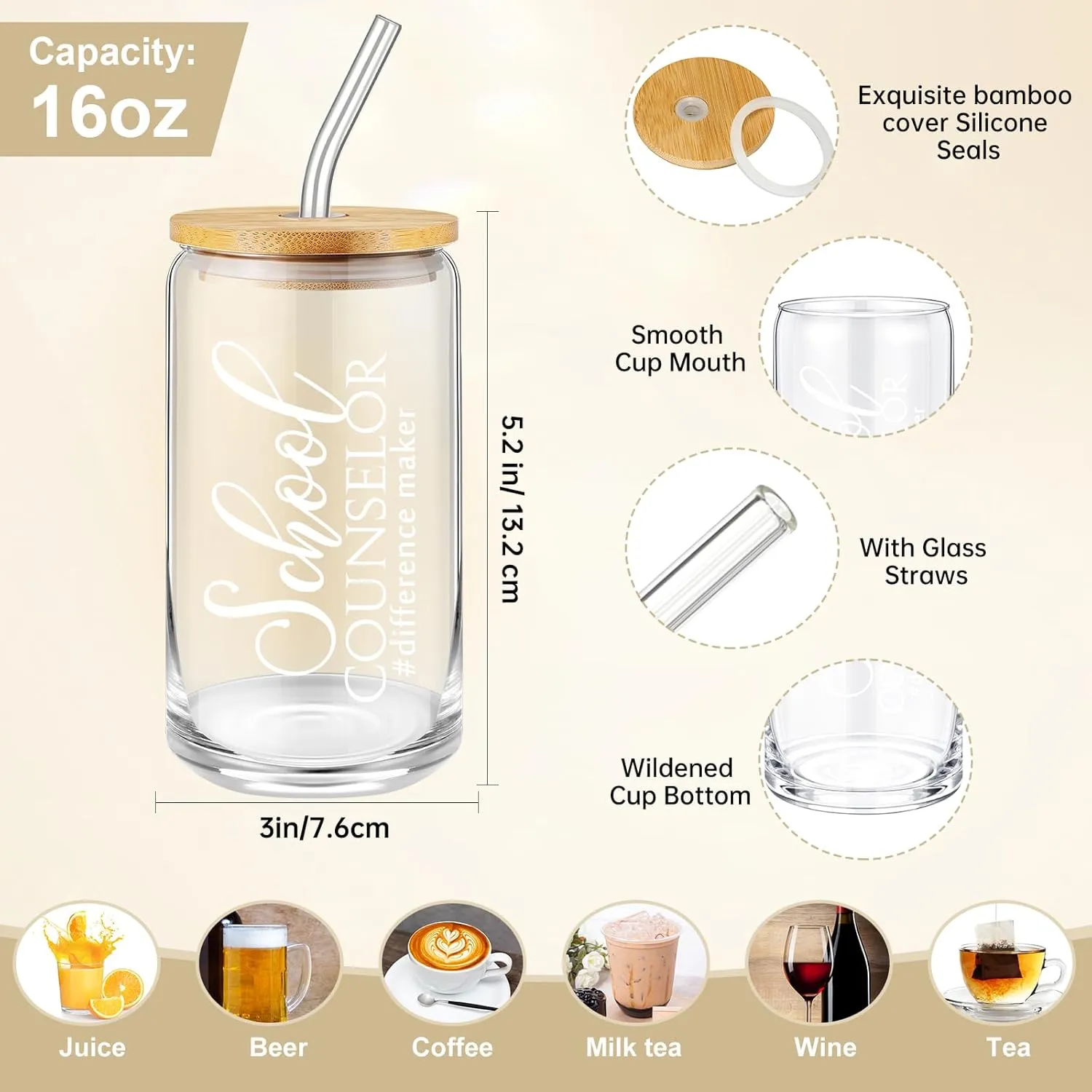 5 Pcs School Counselor Appreciation Gifts 16oz Glass Cup Makeup Bag Leather Notebook Pen Keychain End of School Gift for Mental Health Teacher Educator Psychologist Therapist(Black)
