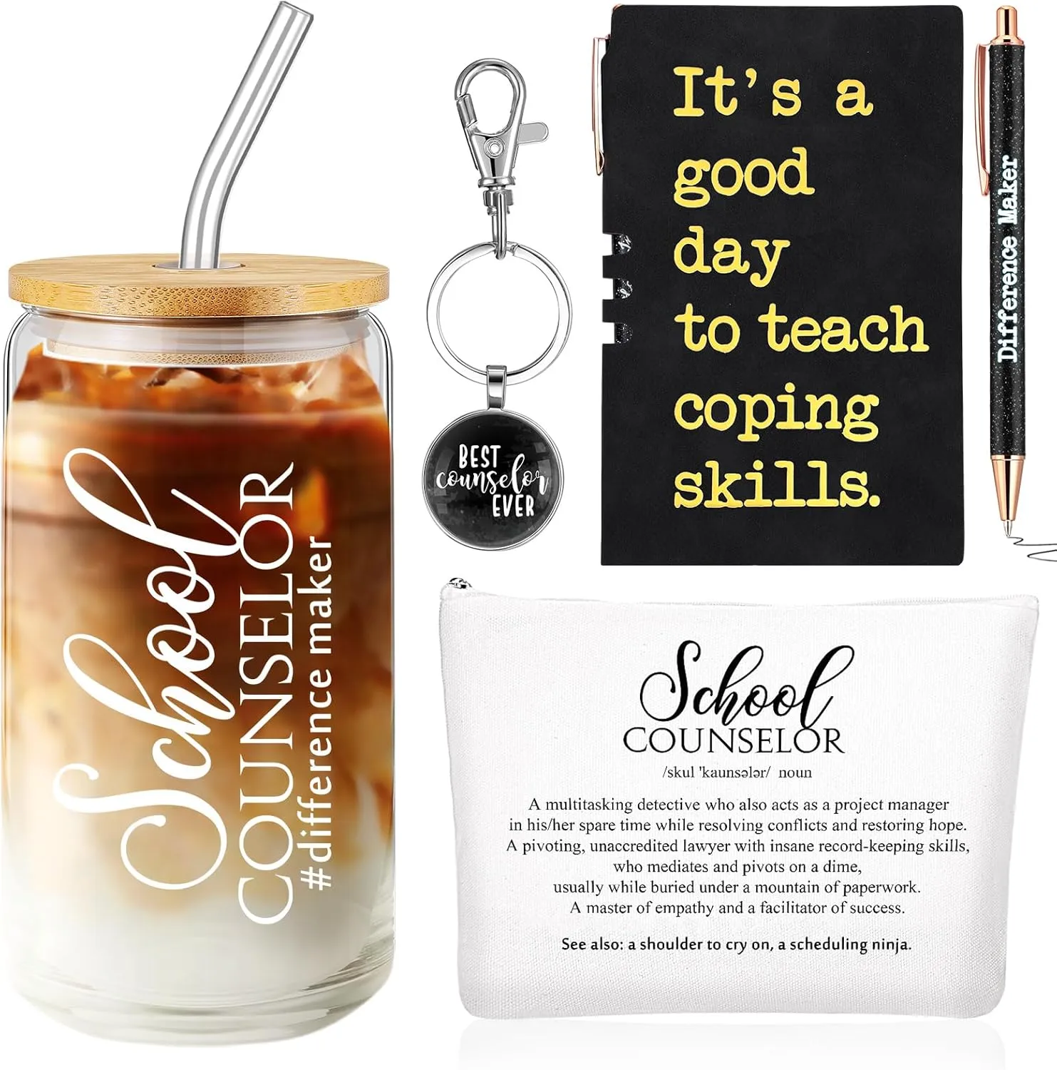 5 Pcs School Counselor Appreciation Gifts 16oz Glass Cup Makeup Bag Leather Notebook Pen Keychain End of School Gift for Mental Health Teacher Educator Psychologist Therapist(Black)