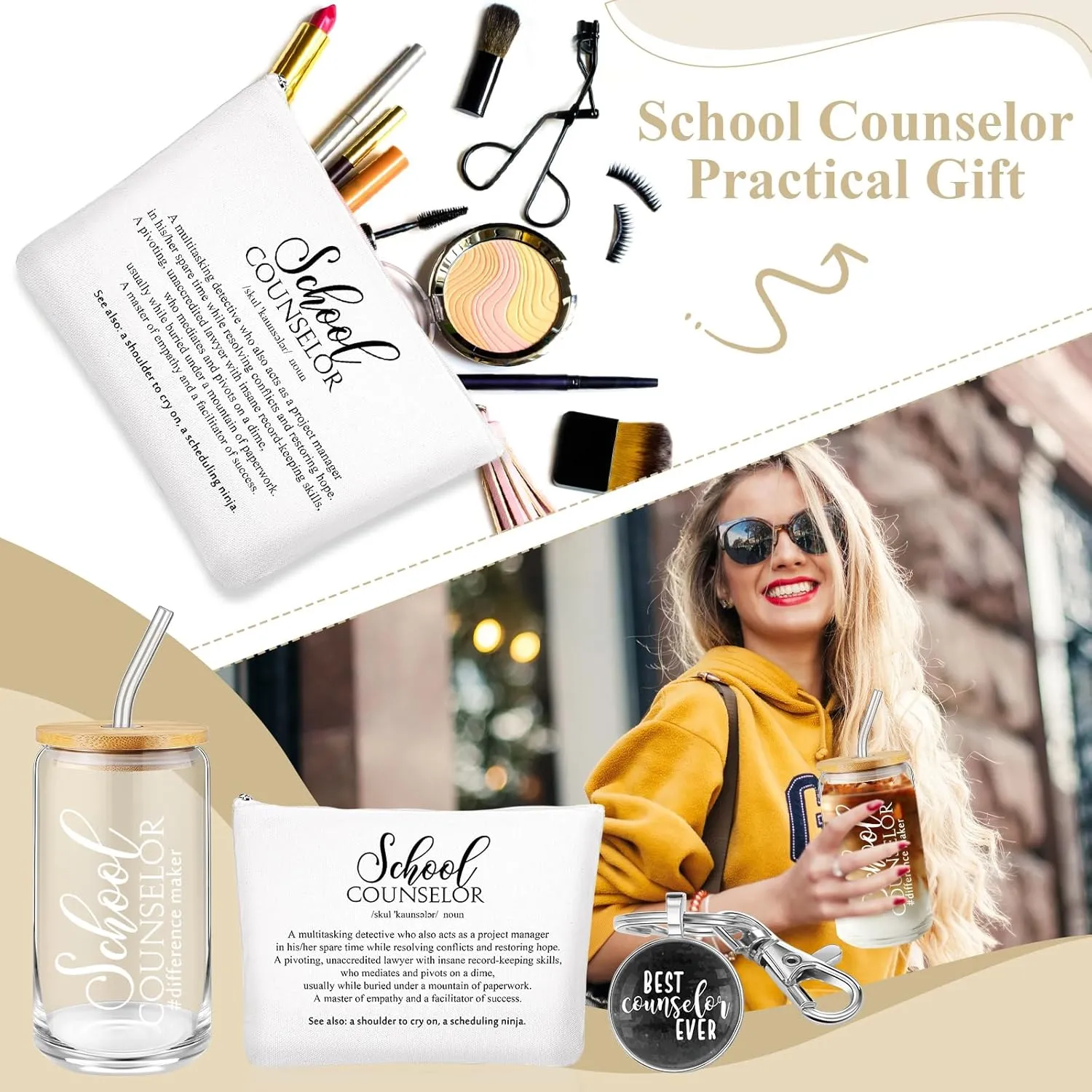 5 Pcs School Counselor Appreciation Gifts 16oz Glass Cup Makeup Bag Leather Notebook Pen Keychain End of School Gift for Mental Health Teacher Educator Psychologist Therapist(Black)