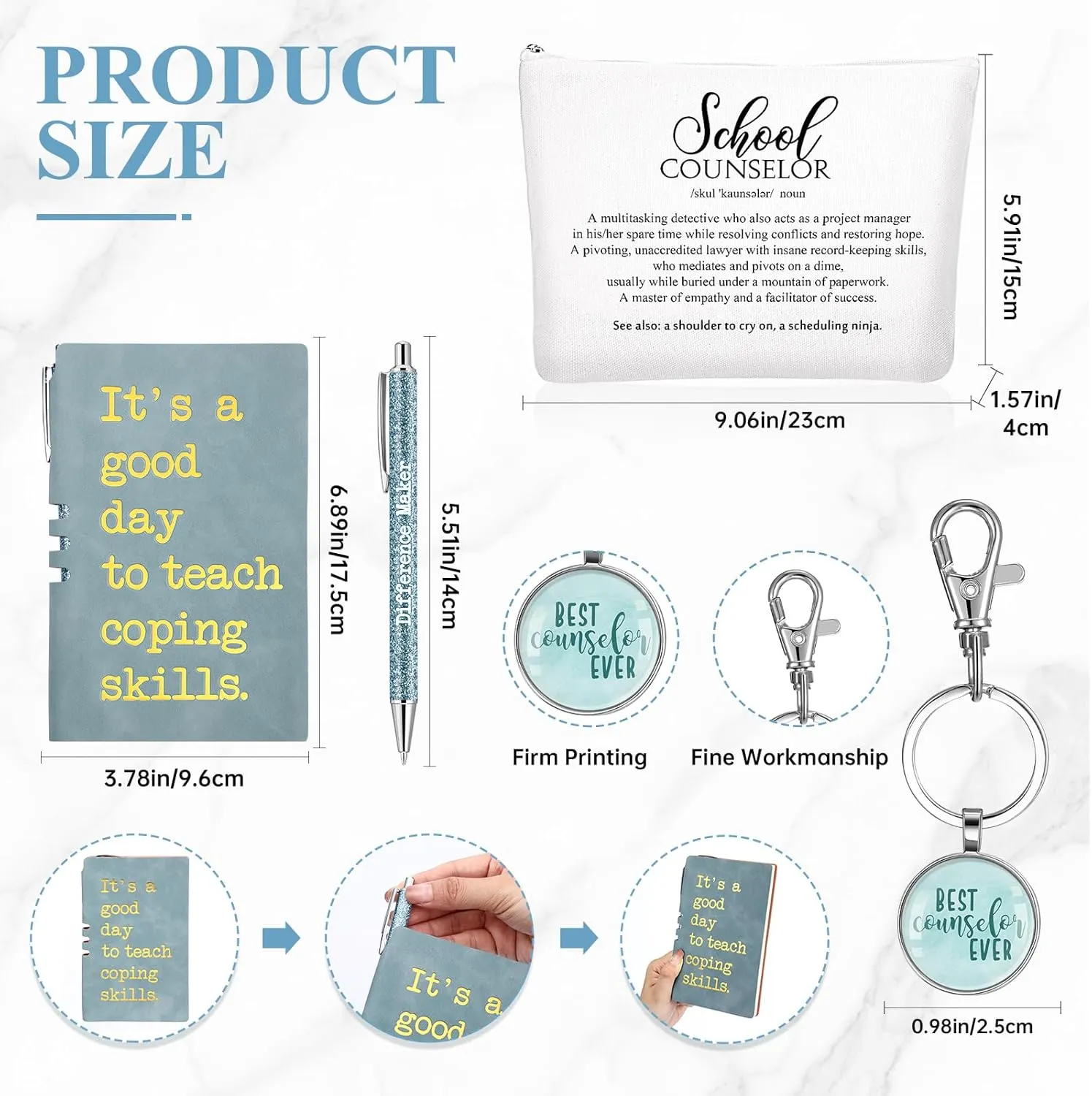 5 Pcs School Counselor Appreciation Gifts 16oz Glass Cup Makeup Bag Leather Notebook Pen Keychain End of School Gift for Mental Health Teacher Educator Psychologist Therapist(Blue)
