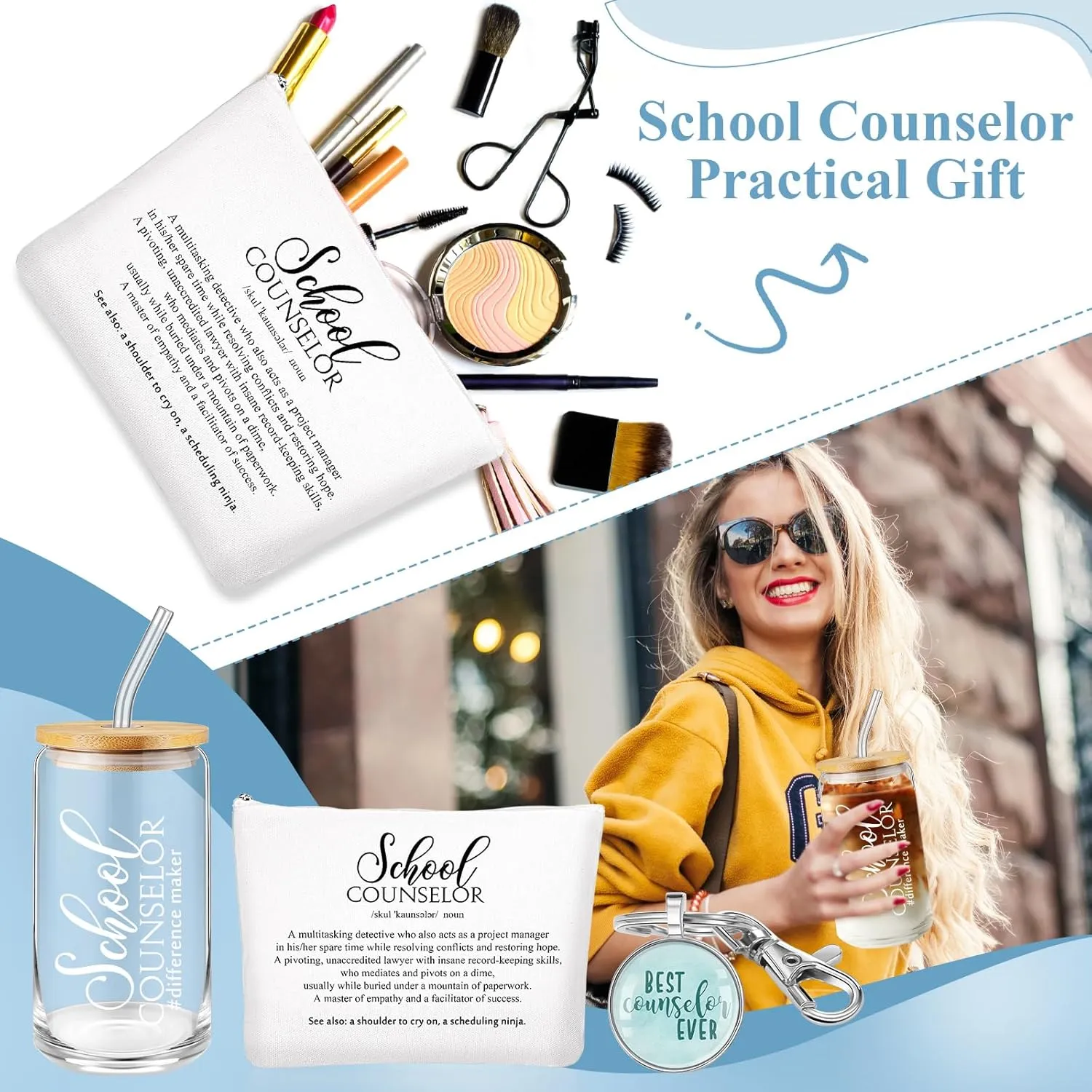 5 Pcs School Counselor Appreciation Gifts 16oz Glass Cup Makeup Bag Leather Notebook Pen Keychain End of School Gift for Mental Health Teacher Educator Psychologist Therapist(Blue)