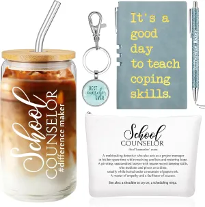 5 Pcs School Counselor Appreciation Gifts 16oz Glass Cup Makeup Bag Leather Notebook Pen Keychain End of School Gift for Mental Health Teacher Educator Psychologist Therapist(Blue)