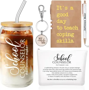 5 Pcs School Counselor Appreciation Gifts 16oz Glass Cup Makeup Bag Leather Notebook Pen Keychain End of School Gift for Mental Health Teacher Educator Psychologist Therapist(Brown)