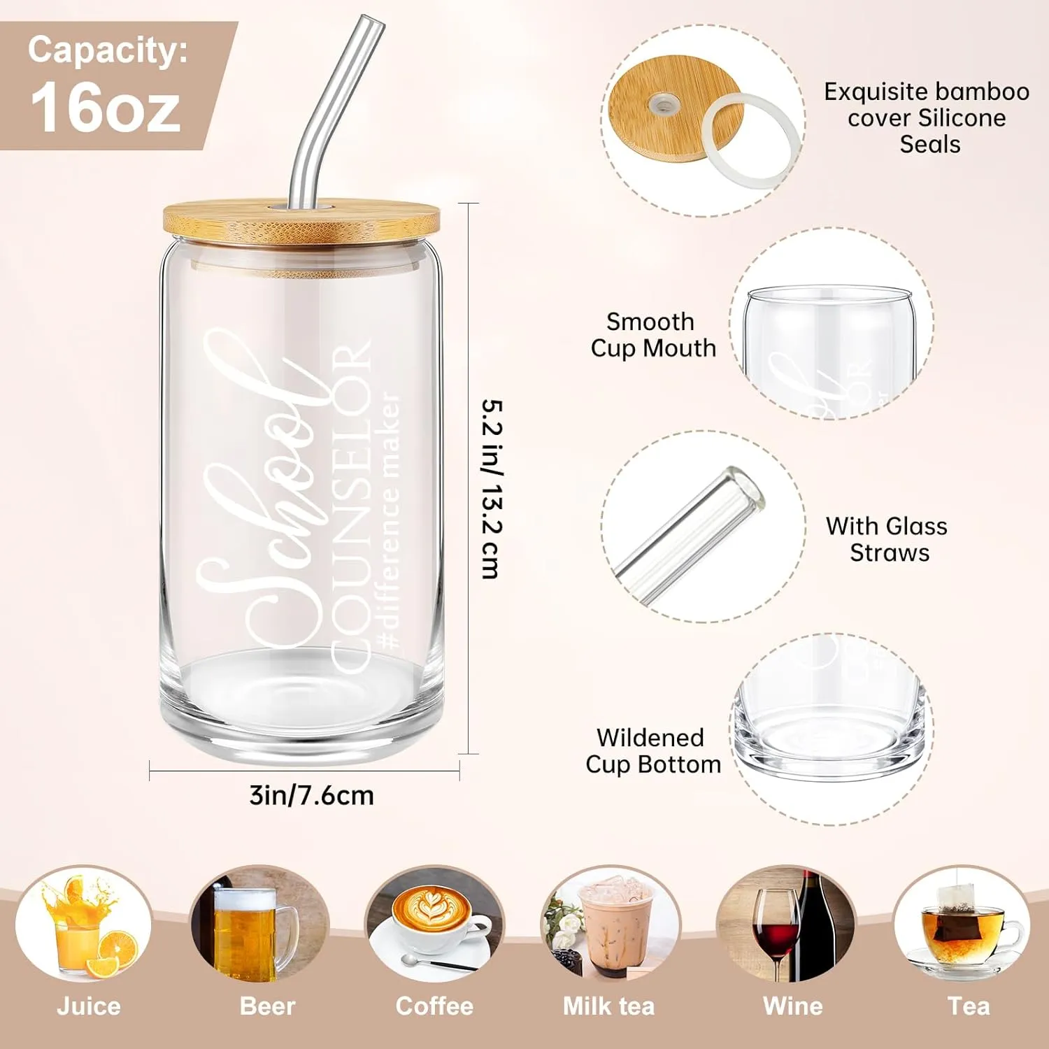 5 Pcs School Counselor Appreciation Gifts 16oz Glass Cup Makeup Bag Leather Notebook Pen Keychain End of School Gift for Mental Health Teacher Educator Psychologist Therapist(Brown)