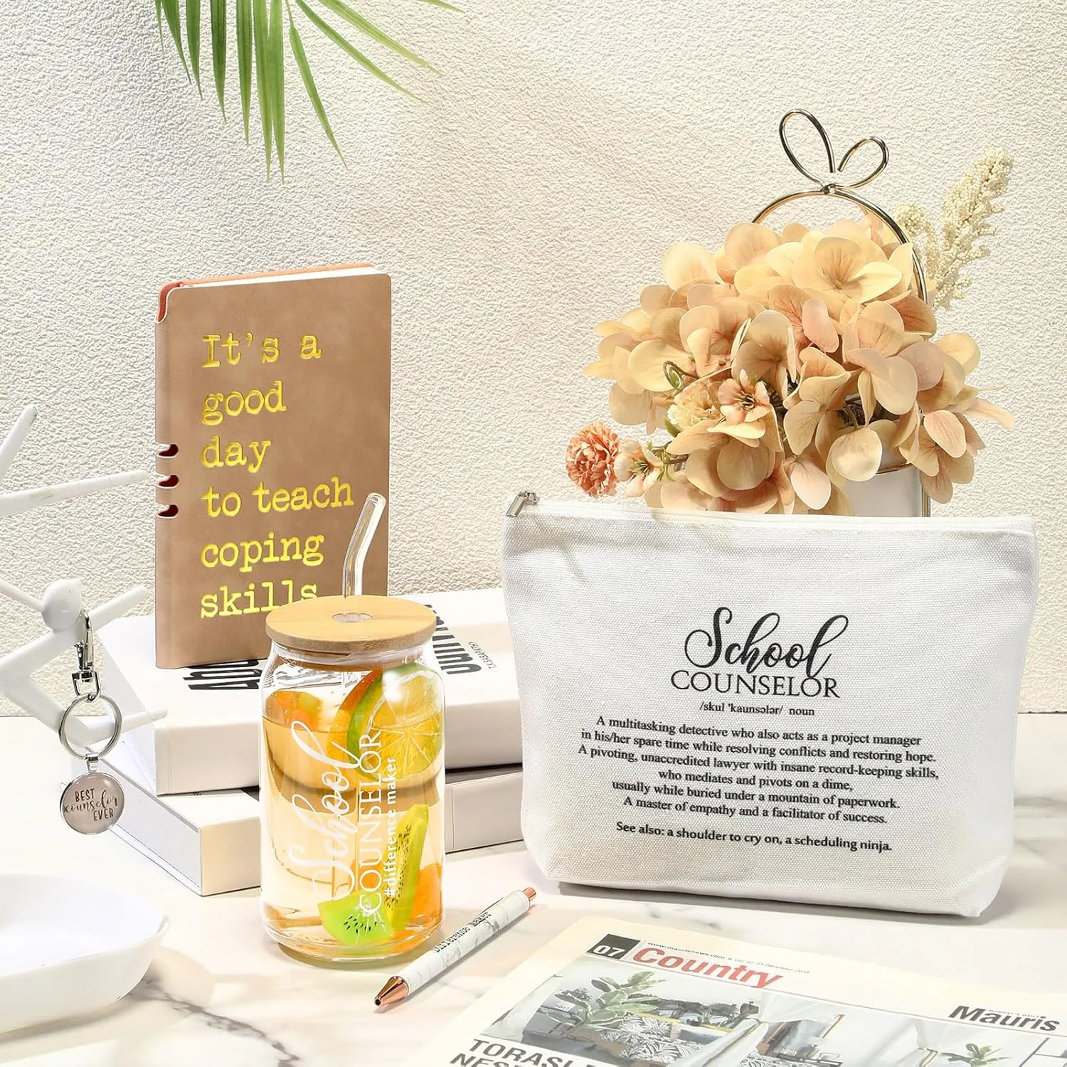 5 Pcs School Counselor Appreciation Gifts 16oz Glass Cup Makeup Bag Leather Notebook Pen Keychain End of School Gift for Mental Health Teacher Educator Psychologist Therapist(Brown)