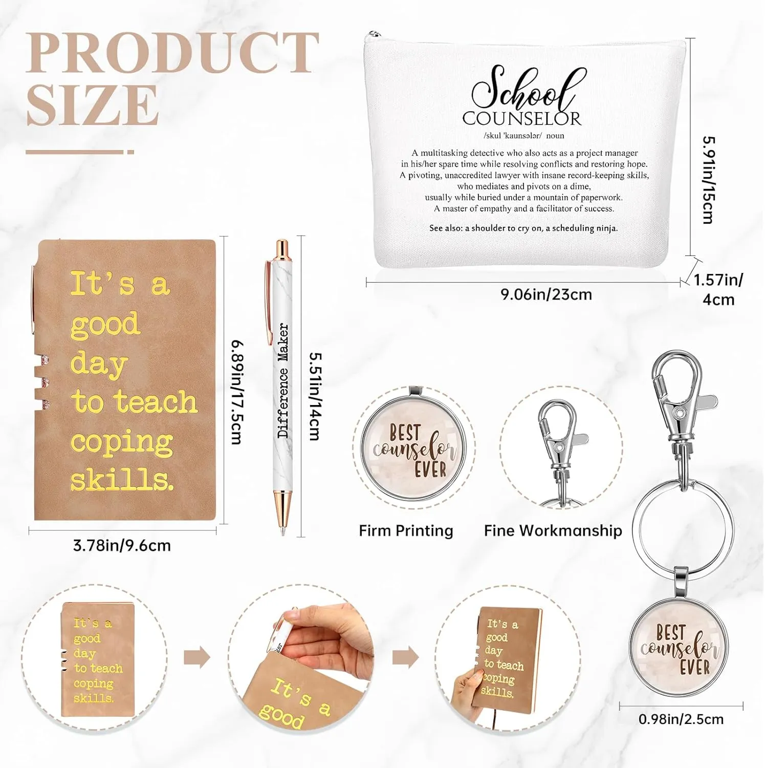 5 Pcs School Counselor Appreciation Gifts 16oz Glass Cup Makeup Bag Leather Notebook Pen Keychain End of School Gift for Mental Health Teacher Educator Psychologist Therapist(Brown)