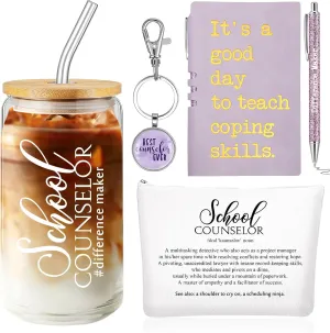 5 Pcs School Counselor Appreciation Gifts 16oz Glass Cup Makeup Bag Leather Notebook Pen Keychain End of School Gift for Mental Health Teacher Educator Psychologist Therapist(Purple)