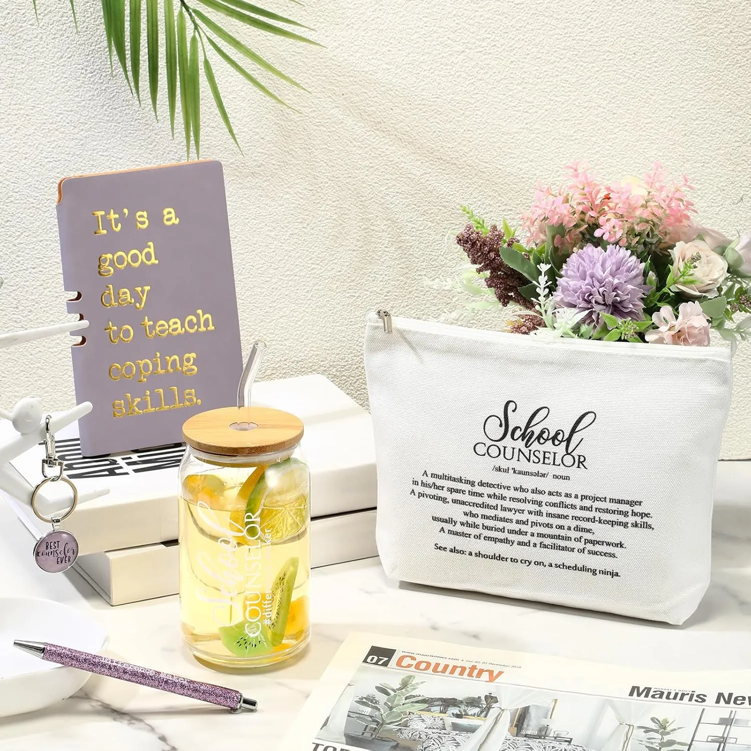 5 Pcs School Counselor Appreciation Gifts 16oz Glass Cup Makeup Bag Leather Notebook Pen Keychain End of School Gift for Mental Health Teacher Educator Psychologist Therapist(Purple)