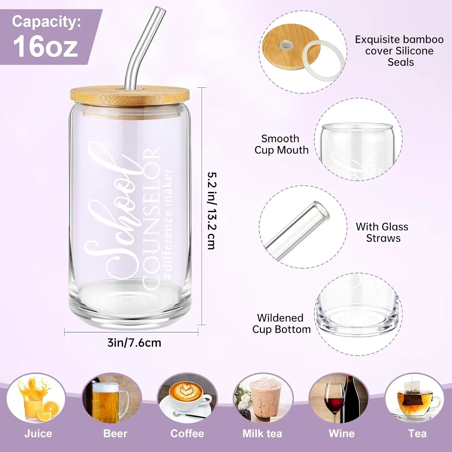5 Pcs School Counselor Appreciation Gifts 16oz Glass Cup Makeup Bag Leather Notebook Pen Keychain End of School Gift for Mental Health Teacher Educator Psychologist Therapist(Purple)