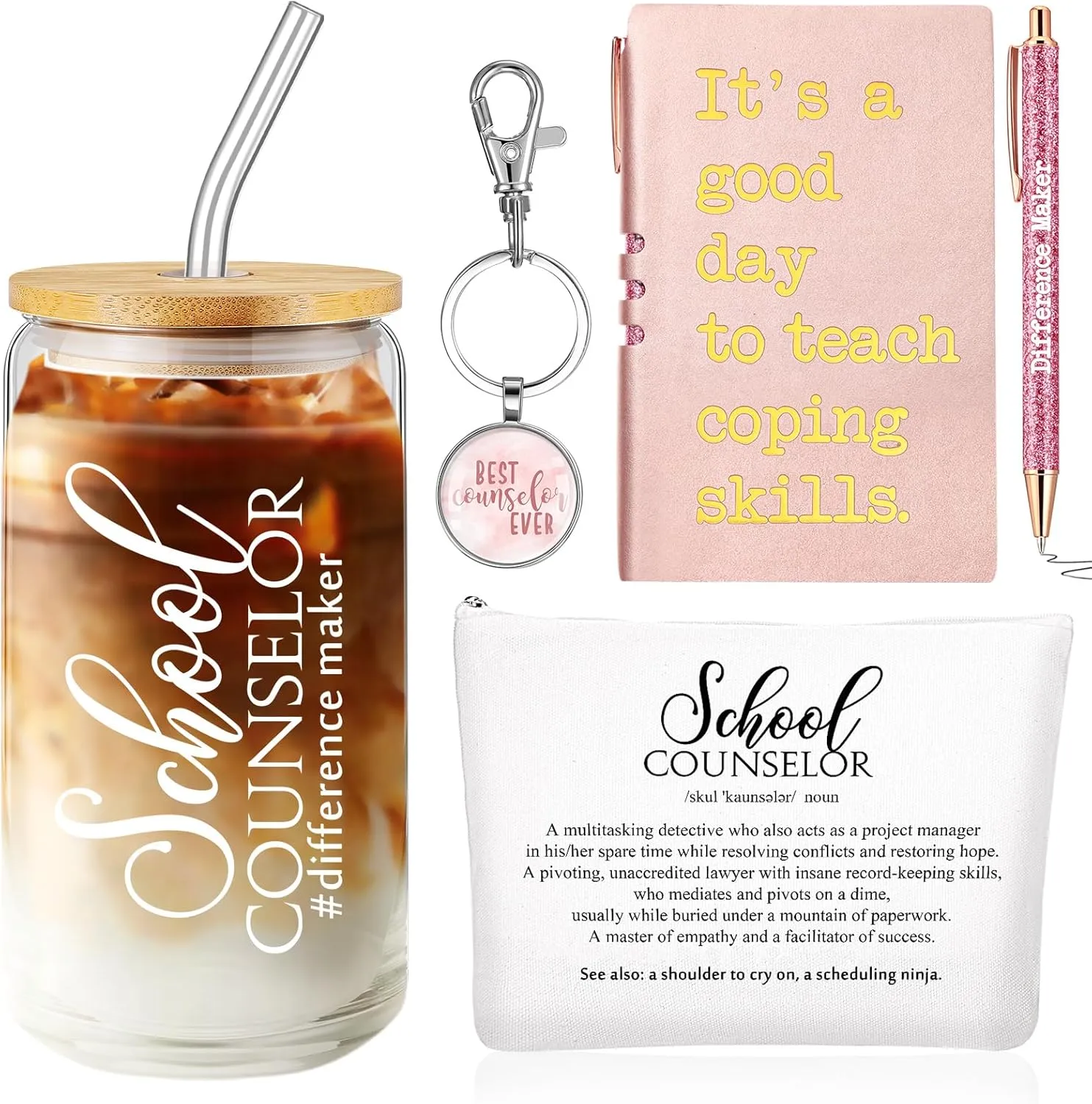 5 Pcs School Counselor Appreciation Gifts 16oz Glass Cup Makeup Bag Leather Notebook Pen Keychain End of School Gift for Mental Health Teacher Educator Psychologist Therapist(Rose Red)