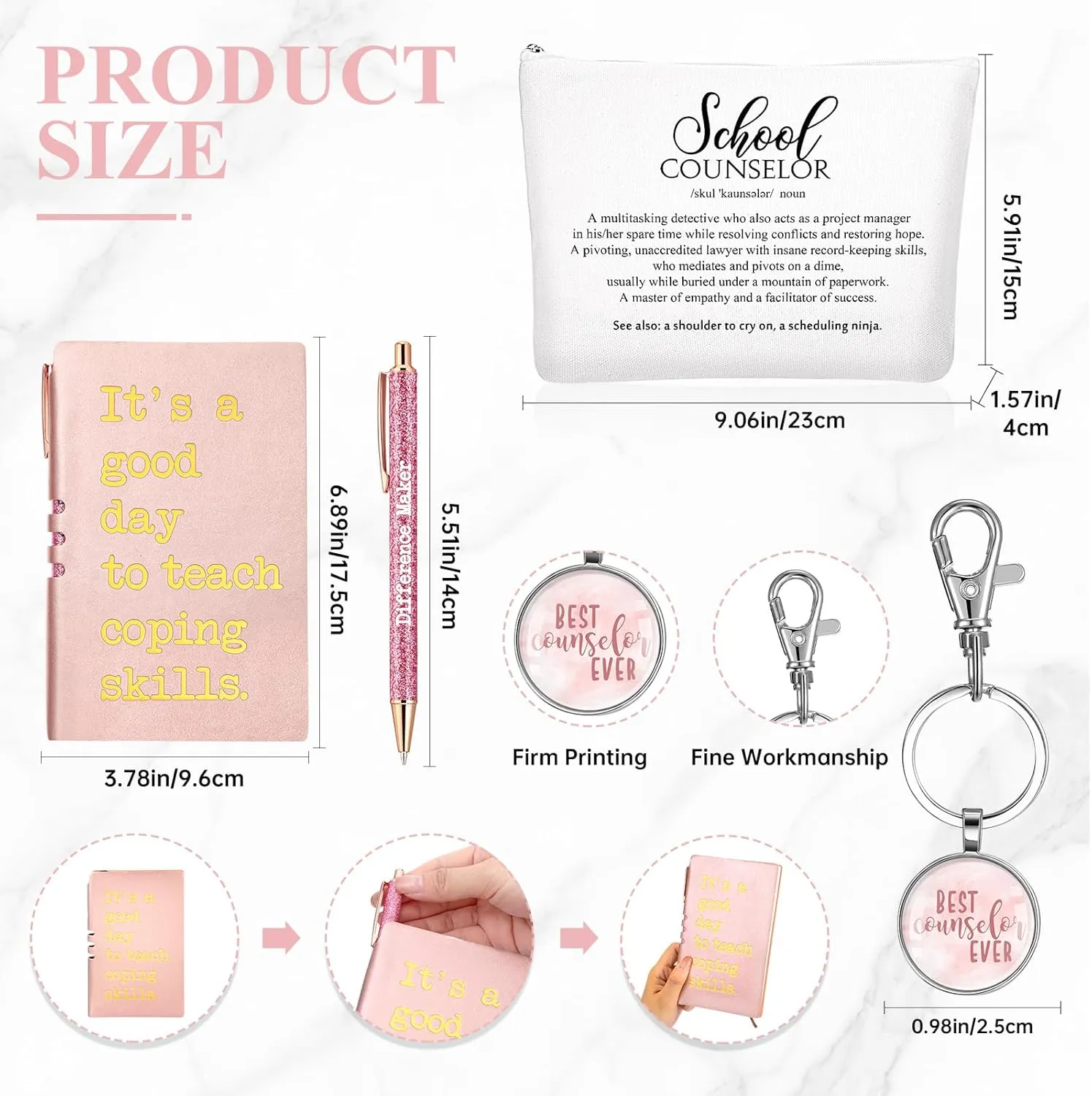 5 Pcs School Counselor Appreciation Gifts 16oz Glass Cup Makeup Bag Leather Notebook Pen Keychain End of School Gift for Mental Health Teacher Educator Psychologist Therapist(Rose Red)