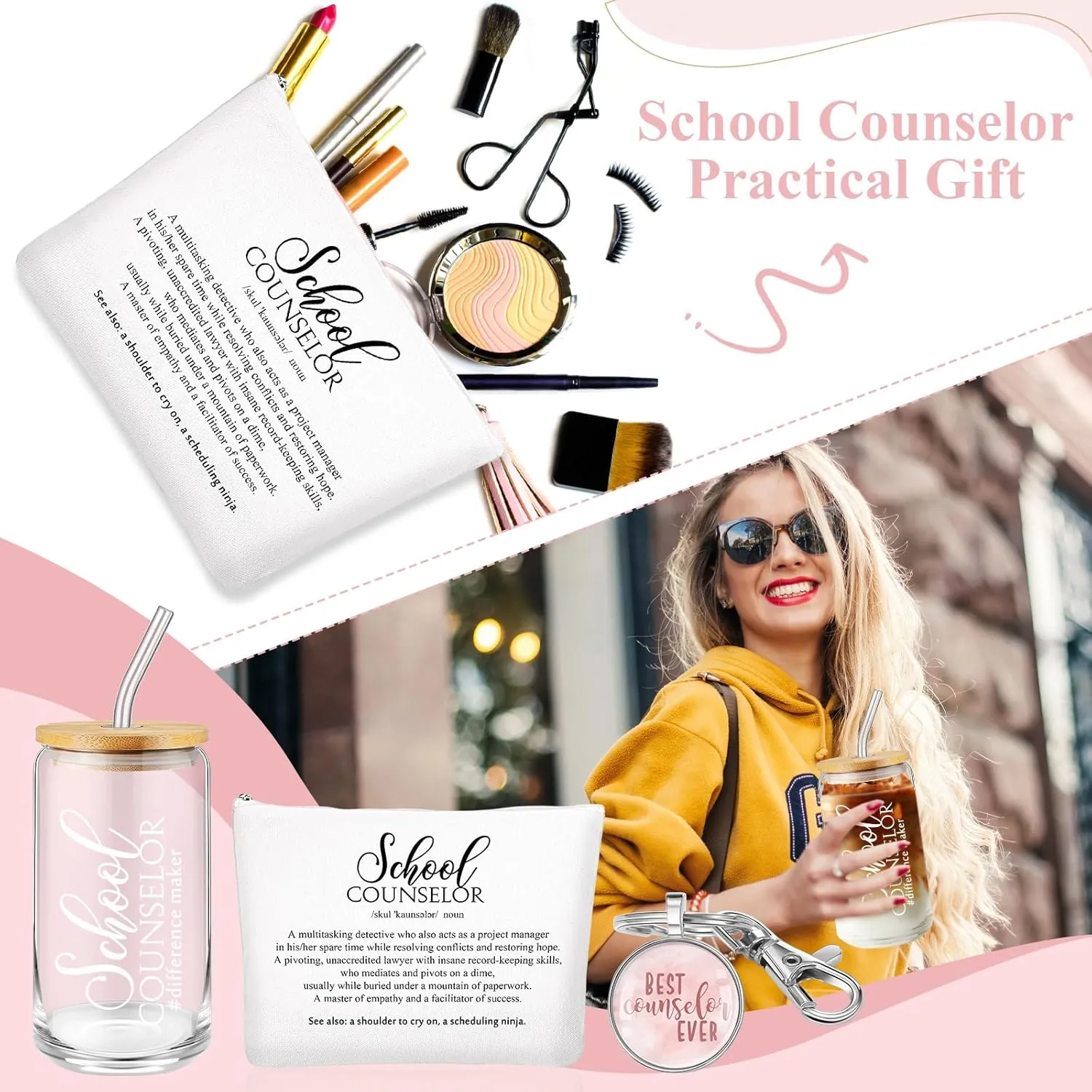 5 Pcs School Counselor Appreciation Gifts 16oz Glass Cup Makeup Bag Leather Notebook Pen Keychain End of School Gift for Mental Health Teacher Educator Psychologist Therapist(Rose Red)