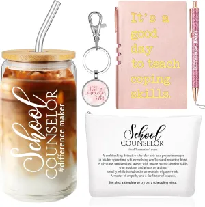 5 Pcs School Counselor Appreciation Gifts 16oz Glass Cup Makeup Bag Leather Notebook Pen Keychain End of School Gift for Mental Health Teacher Educator Psychologist Therapist(Rose Red)