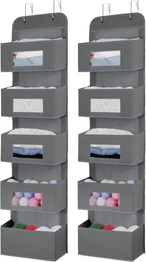 5-Shelf Over The Door Hanging Organizer with 2 Metal Hooks，5 Pocket Over The Door Wall Mount Storage with Clear Windows for Baby Nursery Bathroom Closet,Bedroom,Dorm (Gray-2 Pack)