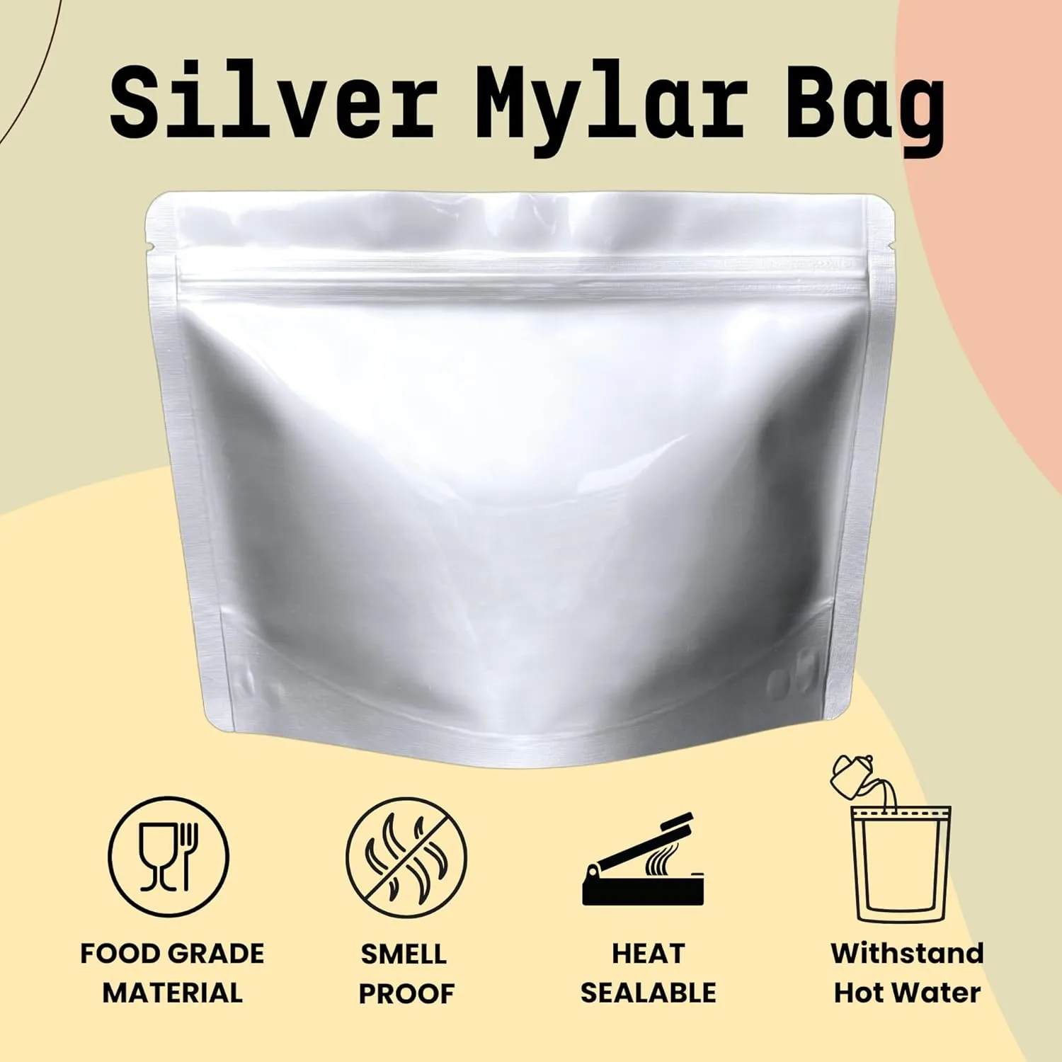 50 Pack 7.5 Mil Mylar Stand Up Bags - 8.5x6.5 Inches Resealable Smell Proof Pouch Bag withstand Hot Water - Heat Sealable Foil Zipper Sample Pouches for Food Storage - Glossy Silver
