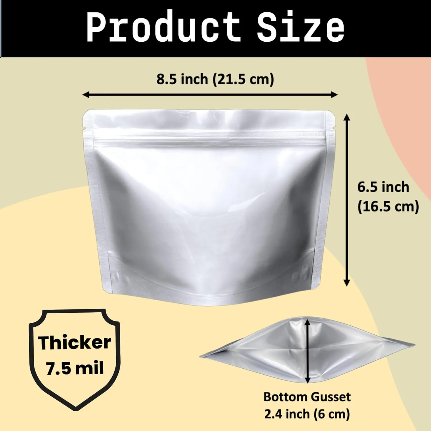 50 Pack 7.5 Mil Mylar Stand Up Bags - 8.5x6.5 Inches Resealable Smell Proof Pouch Bag withstand Hot Water - Heat Sealable Foil Zipper Sample Pouches for Food Storage - Glossy Silver