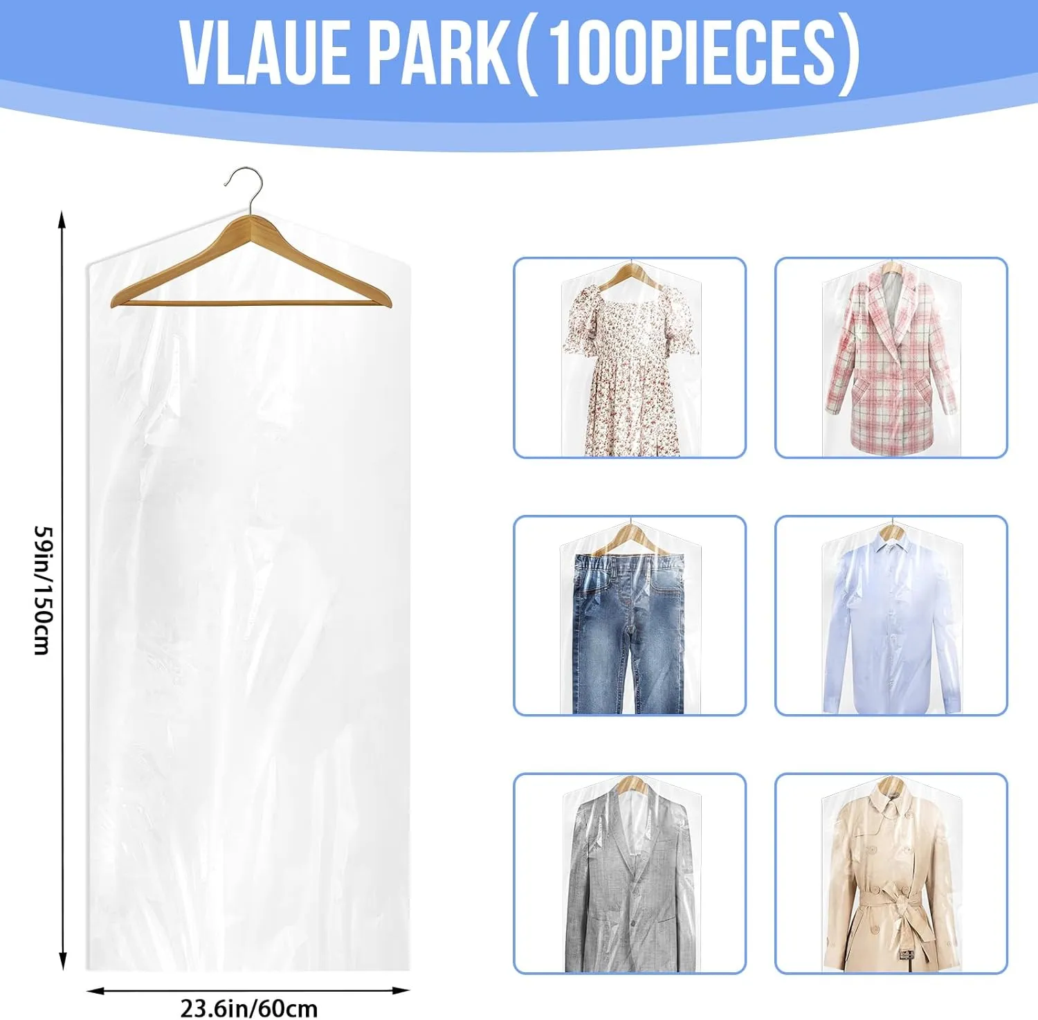 50 Pack Clear Plastic Garment Bags, 60x150 cm Dry Cleaner Bags Plastic Clear, Dust-proof Plastic Garment Bags for Hanging Clothes, Home Storage, Travel, Moving