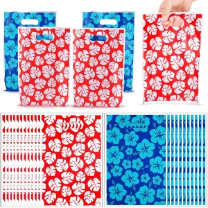 50 Pcs Cartoon Party Gift Favors Bags Hawaii Goodie Bags Hibiscus Plastic Bags with Handles for Birthday Baby Shower Party Supplies