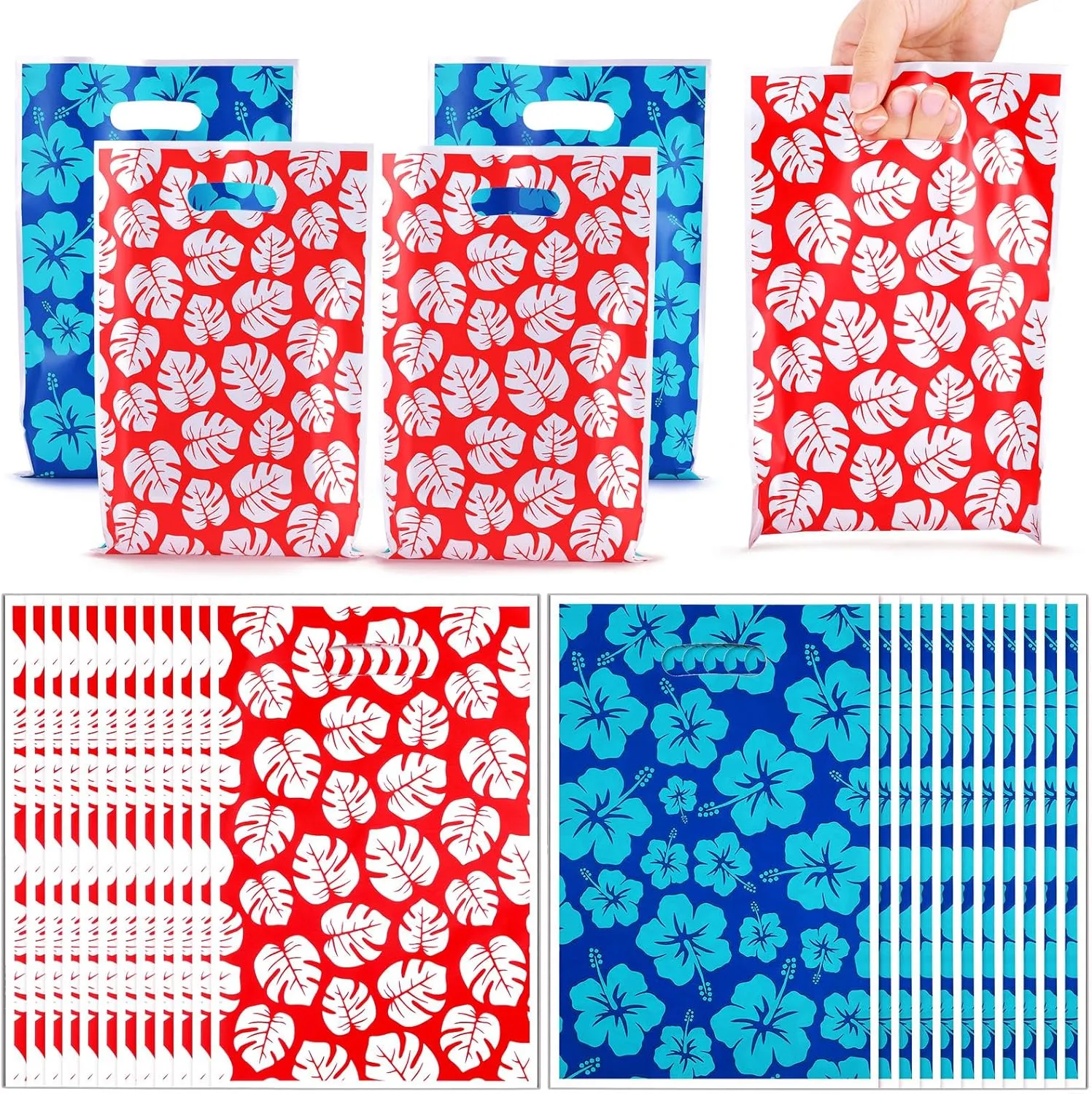 50 Pcs Cartoon Party Gift Favors Bags Hawaii Goodie Bags Hibiscus Plastic Bags with Handles for Birthday Baby Shower Party Supplies