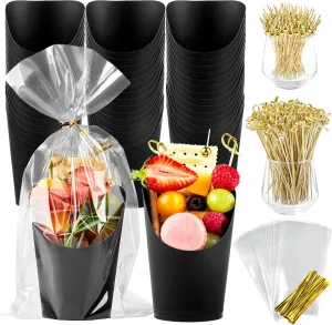 50 Sets 14 oz Charcuterie Cups with Sticks and Bags, Individual Black Paper Charcuterie Boxes Disposable Individual Appetizer Serving Cups (50 Cups   200 Cocktail Picks   50 Bags   50 Ties)