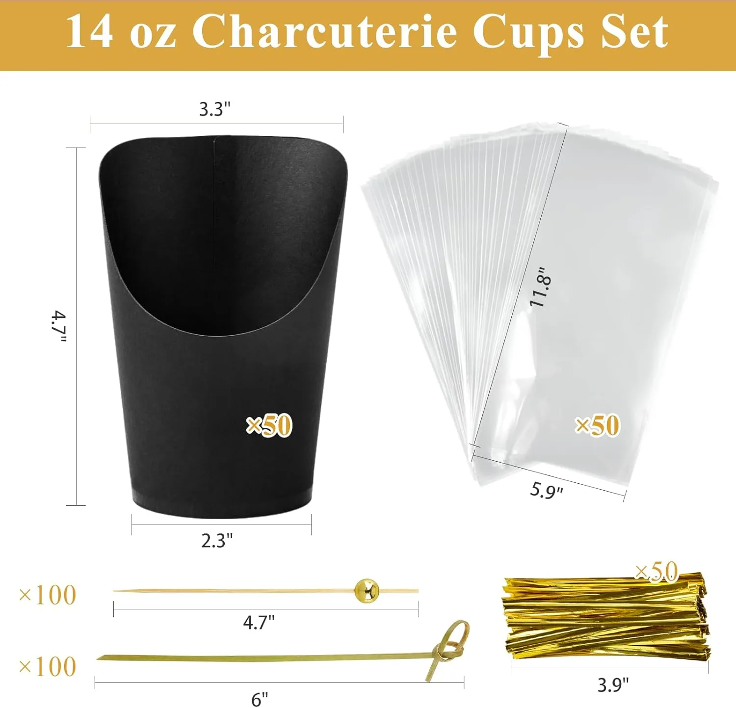 50 Sets 14 oz Charcuterie Cups with Sticks and Bags, Individual Black Paper Charcuterie Boxes Disposable Individual Appetizer Serving Cups (50 Cups   200 Cocktail Picks   50 Bags   50 Ties)