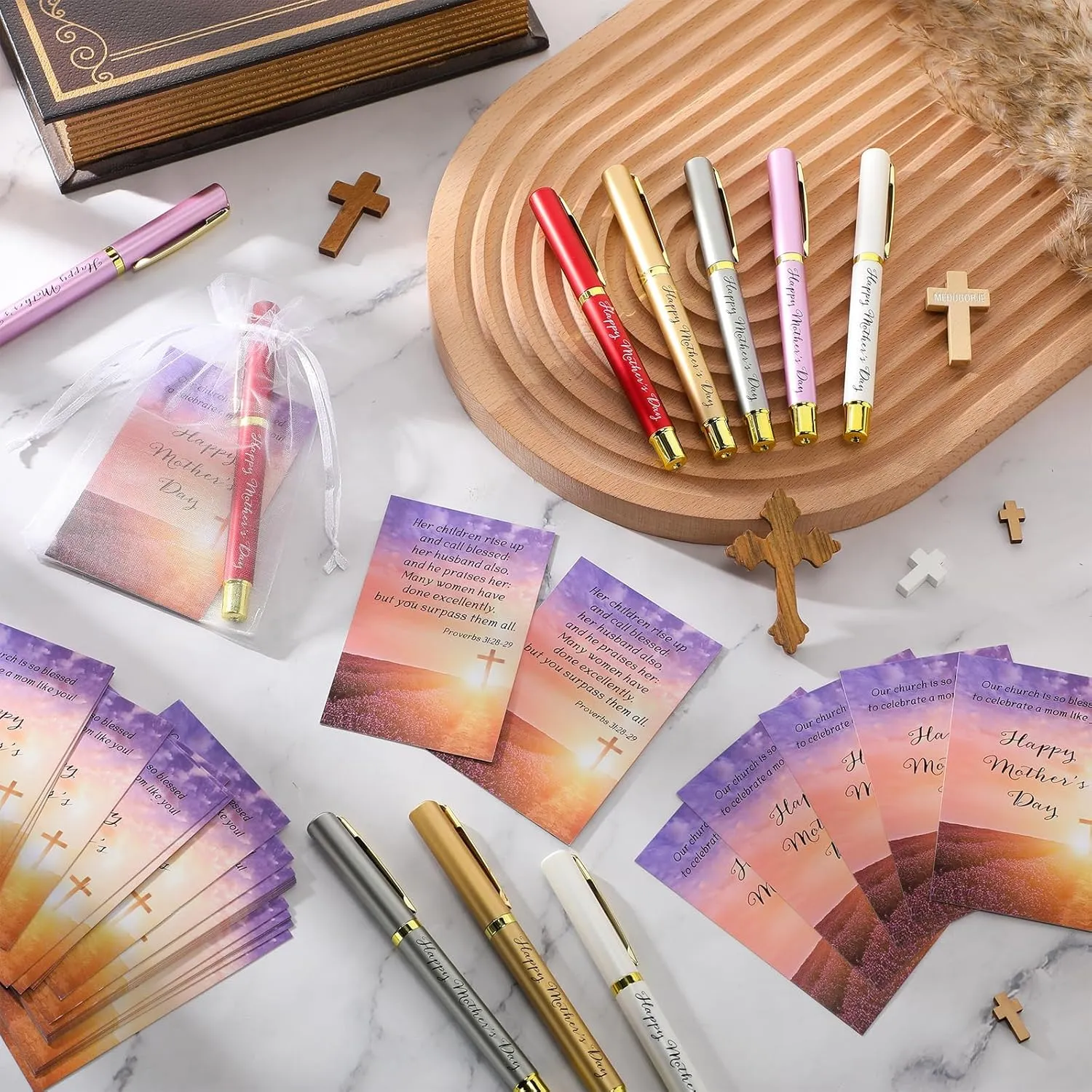 50 Sets Mother's Day Church Gifts Bulk Included Happy Mother's Day Pens Inspirational Religious Cards Bible Verse Cards and Organza Bags for Women Church Members Christian Gift, 5 Colors