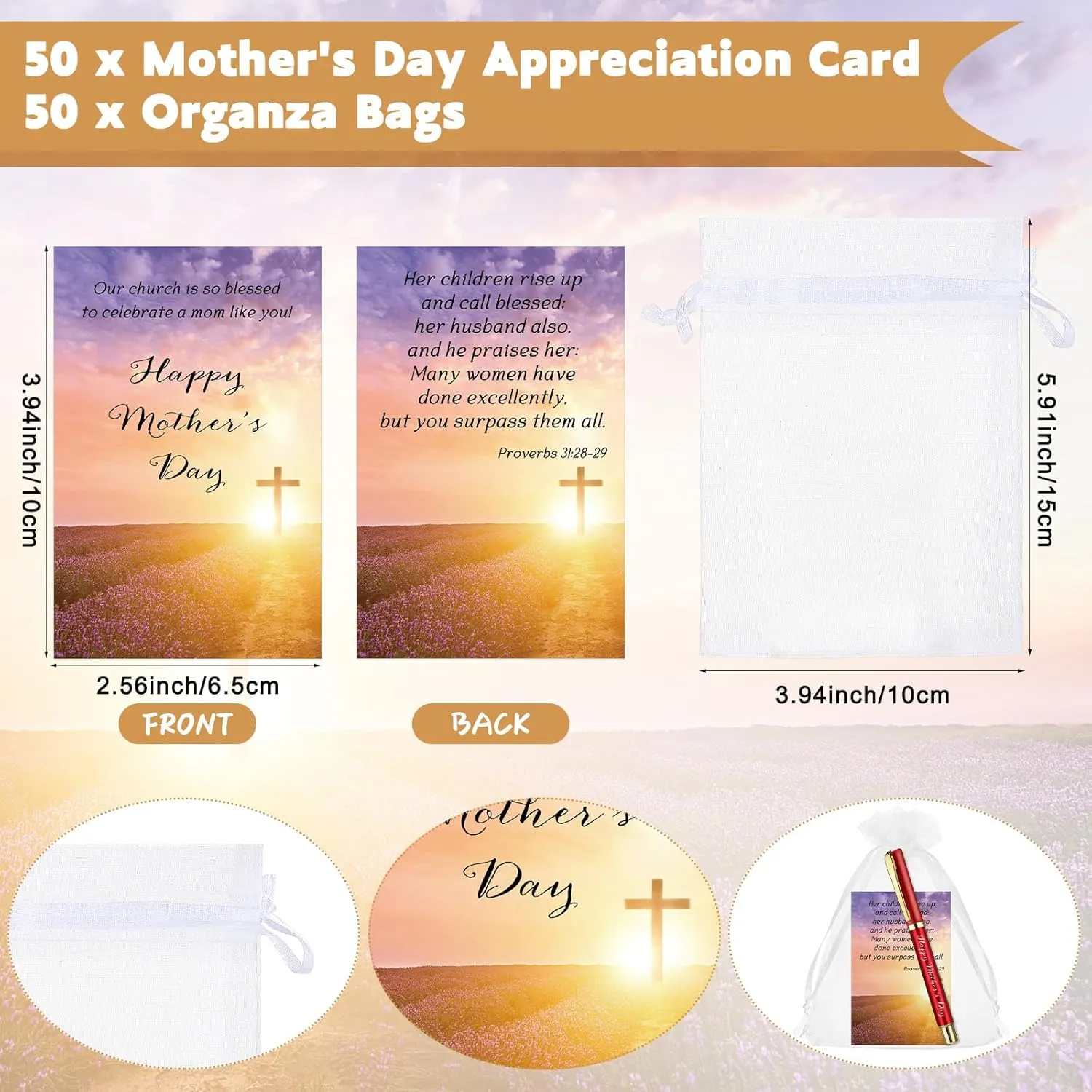 50 Sets Mother's Day Church Gifts Bulk Included Happy Mother's Day Pens Inspirational Religious Cards Bible Verse Cards and Organza Bags for Women Church Members Christian Gift, 5 Colors