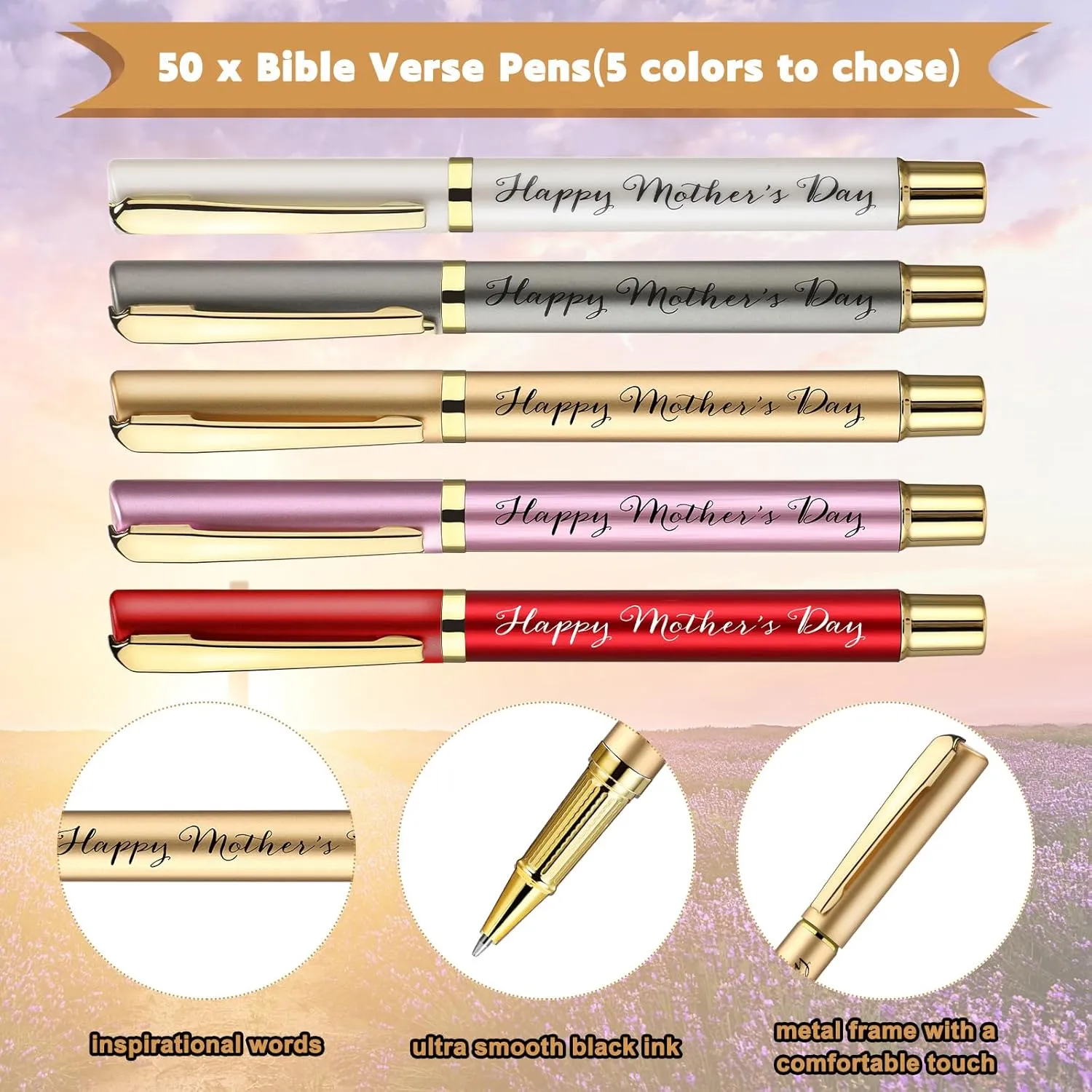50 Sets Mother's Day Church Gifts Bulk Included Happy Mother's Day Pens Inspirational Religious Cards Bible Verse Cards and Organza Bags for Women Church Members Christian Gift, 5 Colors