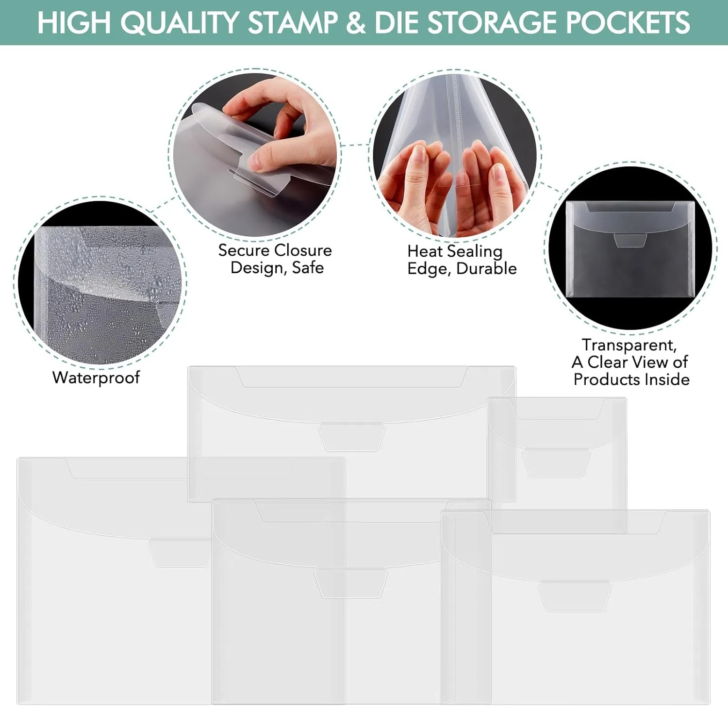 50Pieces Clear Stamp and Dies Storage Bags,Plastic Scrapbooking Storage Bags 7.5x5.5inch Die Storage Pockets Resealable Plastic Envelopes Pockets for with Label Stickers for Cutting Dies Stencil Craft