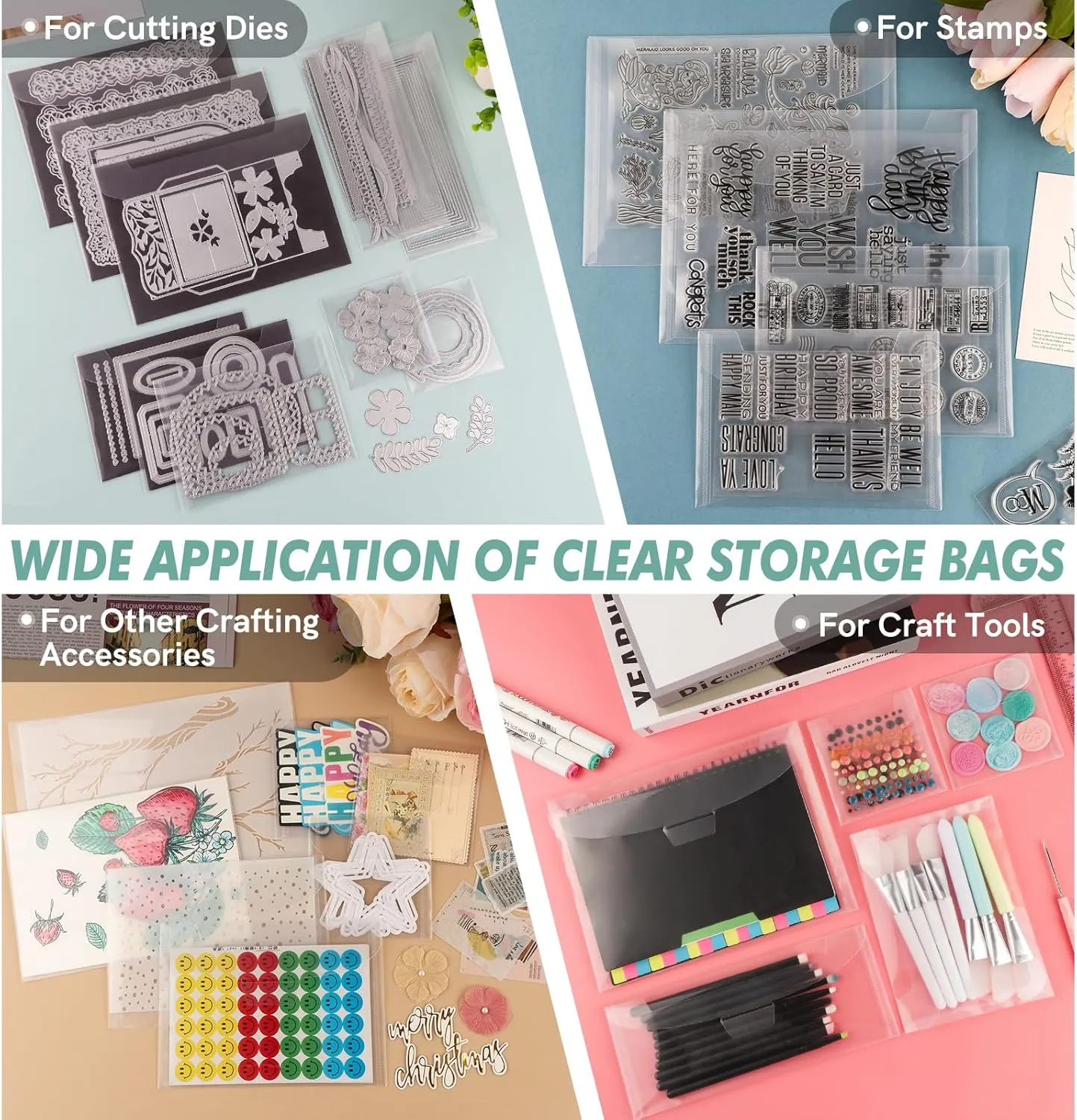 50Pieces Clear Stamp and Dies Storage Bags,Plastic Scrapbooking Storage Bags 7.5x5.5inch Die Storage Pockets Resealable Plastic Envelopes Pockets for with Label Stickers for Cutting Dies Stencil Craft