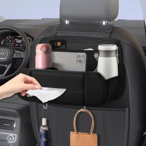 5in1 Car Seat Back Organizer with Hooks,Leather Durable Car Headrest Organizer Hanging Storage with Cup Holder Tissue Box,Multifunctional Car Trash Bag, Storage Pocket for Drink Snack Phone