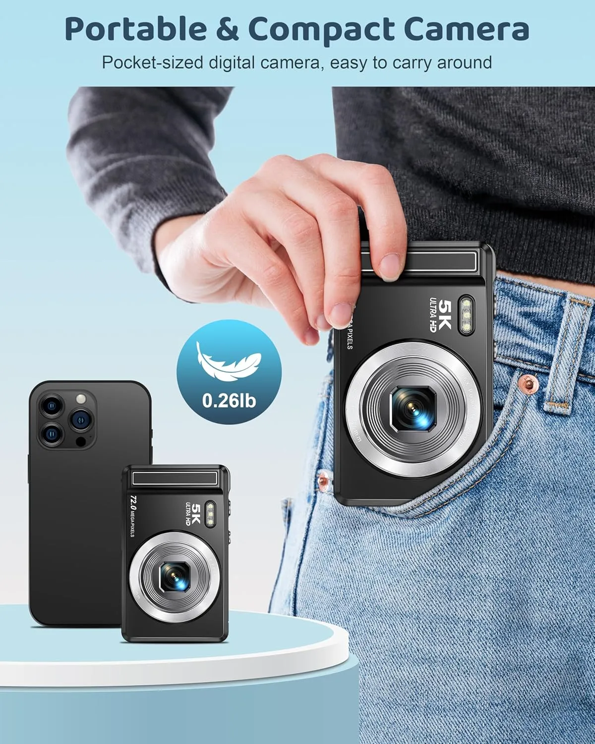 5K Digital Camera - 72MP UHD Digital Cameras for Photography - Autofocus Point and Shoot Small Camera with Flash for Kids - 2.8 Inch Screen Compact Portable Vlogging Camara with 16X Zoom, 32GB SD Card
