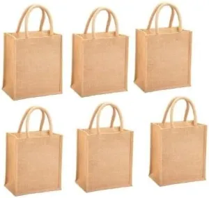 6 Pack Burlap Gift Tote Jute Bags with Cotton Handles Handbag, Natural Eco-friendly Reusable Canvas Grocery Bags with Zip Water Resistant for Women Wedding Gift, 9.8 x 10 x 5.9 Inch, Brown