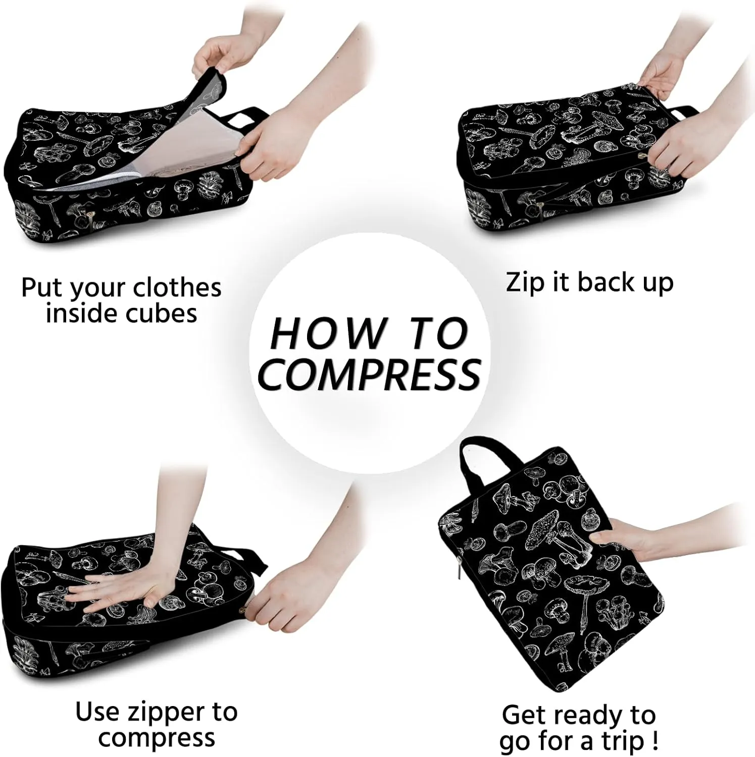 6 Pcs Compression Packing Cubes Waterproof Suitcase Travel Bag Luggage Backpack Organizer Travel Cubes for Packing-Black Mushroom