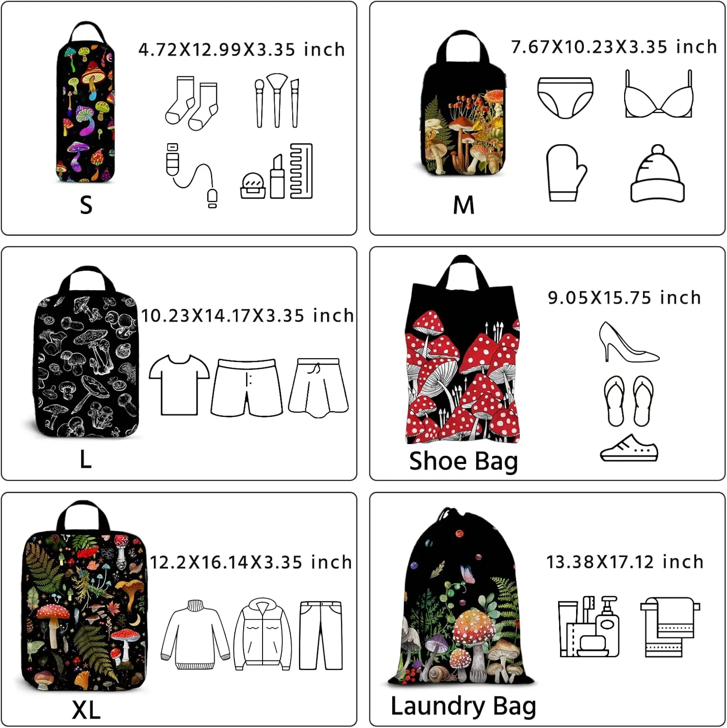 6 Pcs Compression Packing Cubes Waterproof Suitcase Travel Bag Luggage Backpack Organizer Travel Cubes for Packing-Black Mushroom